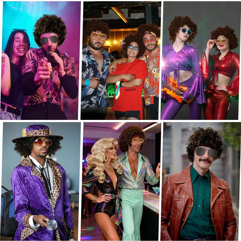 AUYAO Kostium hipisowski w stylu lat 60. i 70. XX wieku, fantazyjny kostium, akcesoria męskie, Funky Afro, peruka hipisowska, lata 80., dyskoteka, gorączka, hipisowska peruka, zestaw włosów z czarną