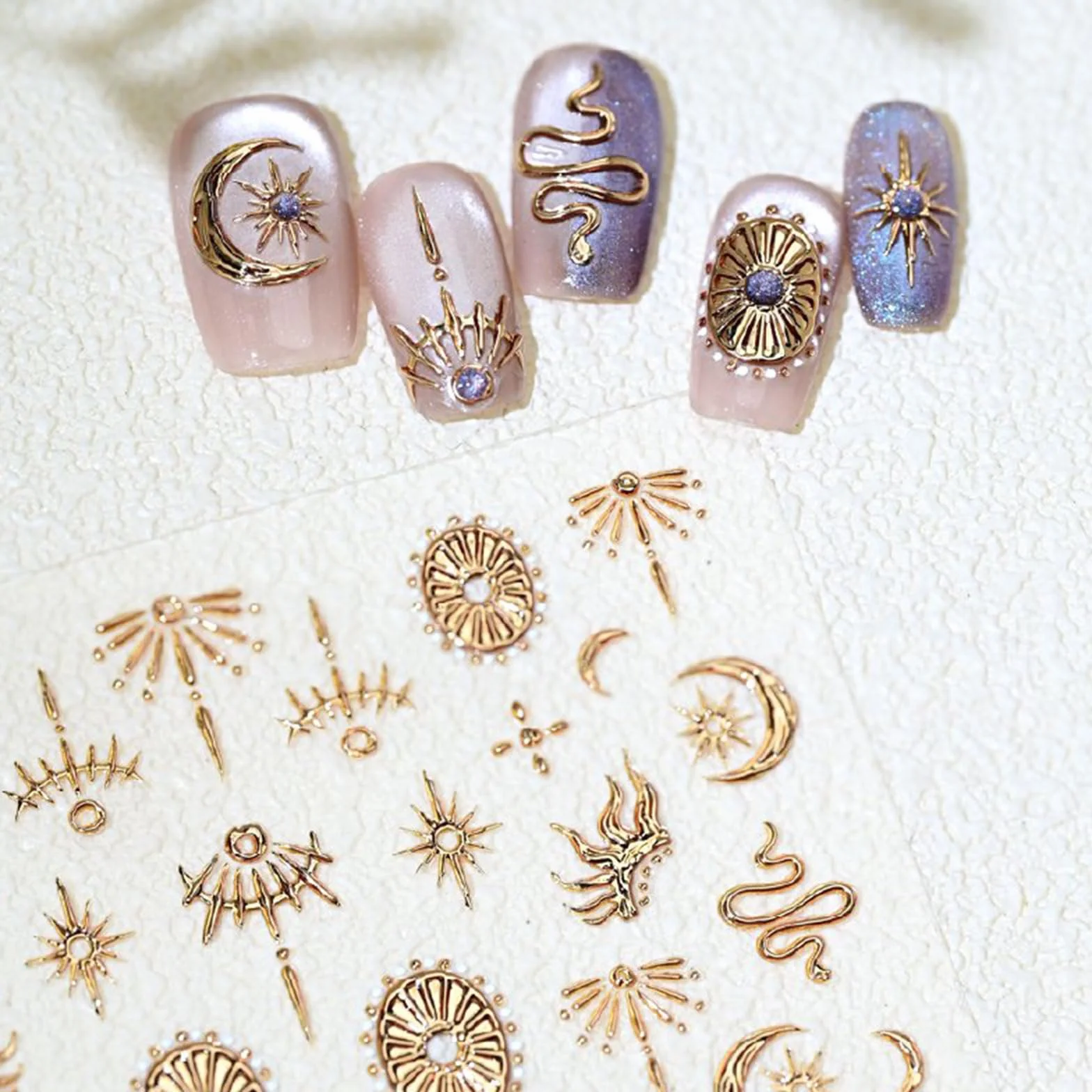 JMEOWIO Naklejki na paznokcie 3D złoty księżyc gwiazda wąż Nail Art Sticker samoprzylepna naklejka na paznokcie 5D stereoskopowa dekoracja akcesoria do stylizacji paznokci 1 arkusz