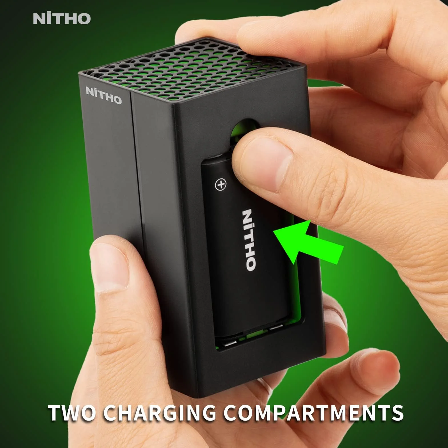 NiTHO stacja ładująca kompatybilna z konsolą Xbox One/Xbox Series X/S kontroler, 2 akumulatory w zestawie, kompaktowa stacja ładująca z zielonymi światłami otoczenia i diodami LED stanu ładowania
