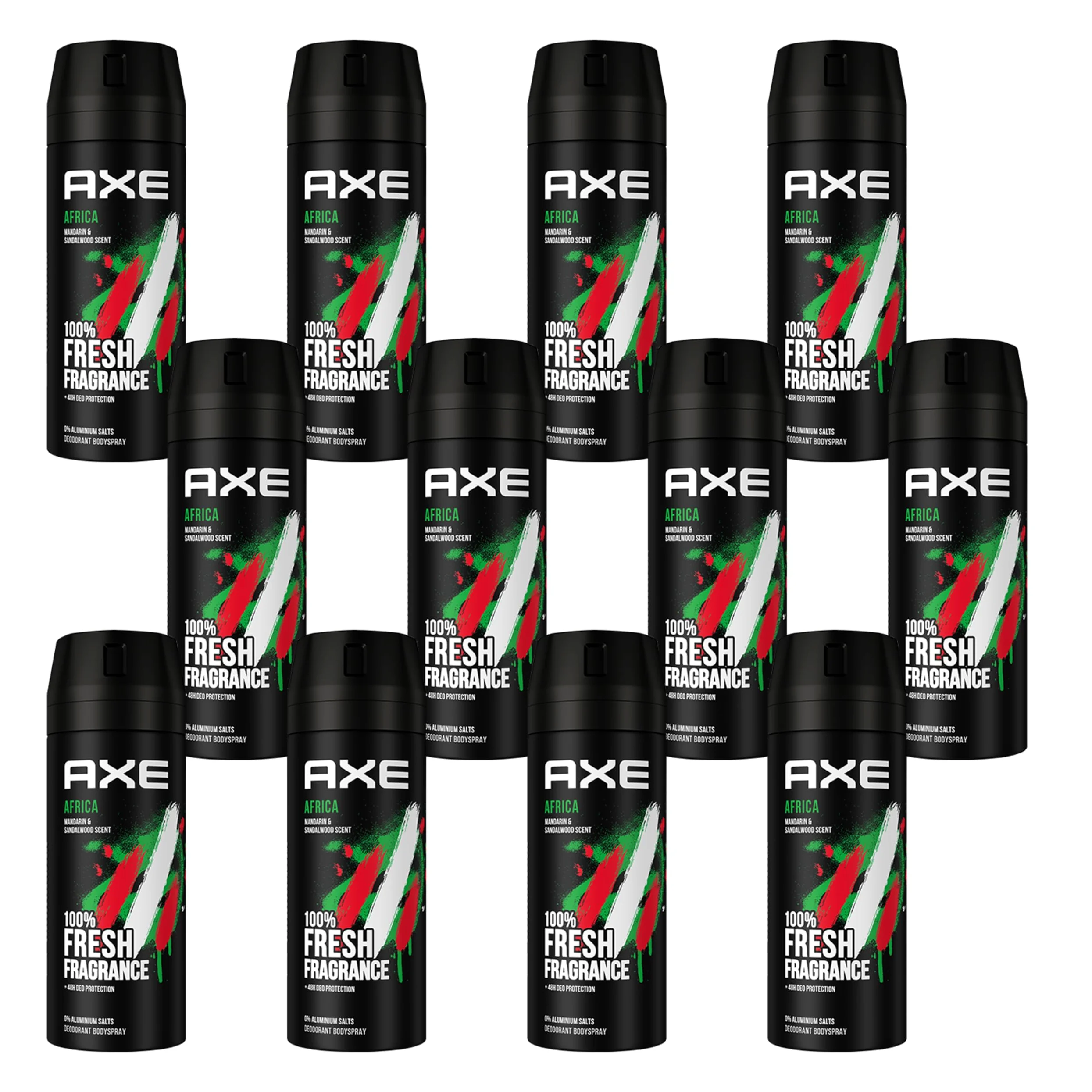 AXE Afryka dezodorant w sprayu do ciała z ochroną 48H przed zapachem ciała, bez soli aluminiowych, 12 sztuk