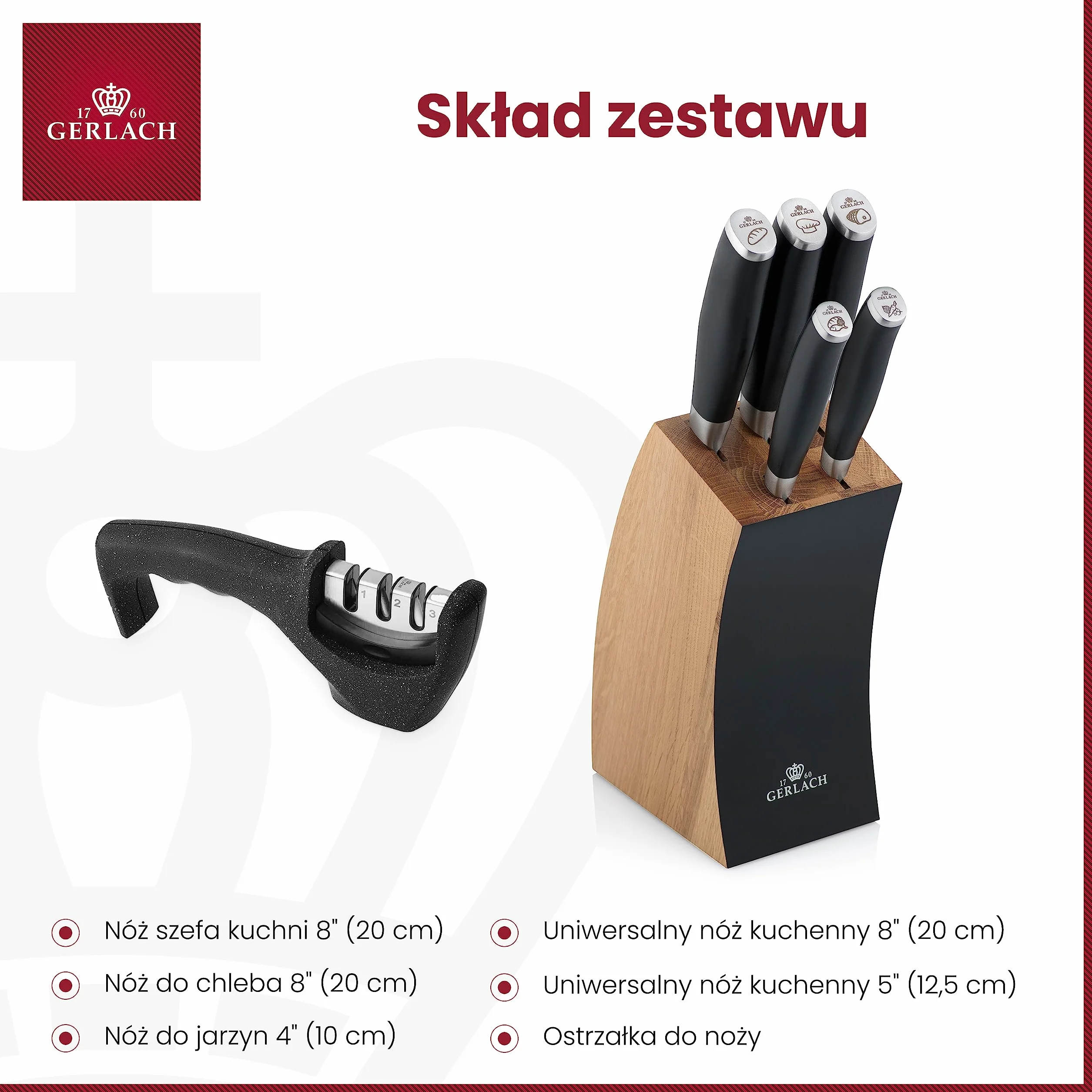 Gerlach Deco Black Zestaw Noży w Bloku, Czarny/Srebrny/Brązowy, 6 Sztuk