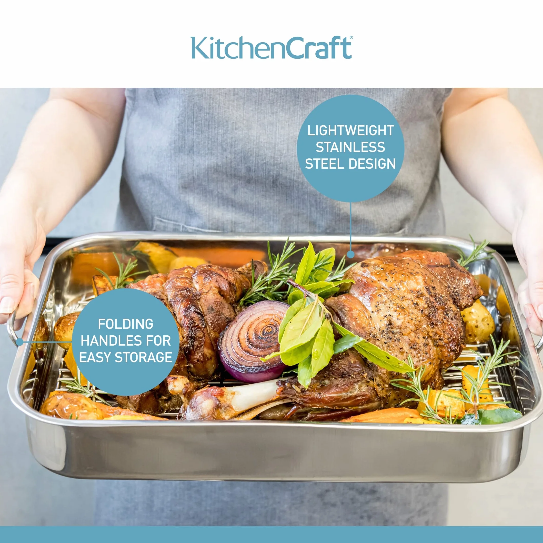 KitchenCraft Duża Brytfanna z Rusztem, Stal Nierdzewna, 43 × 31 cm - Kolor Srebrny