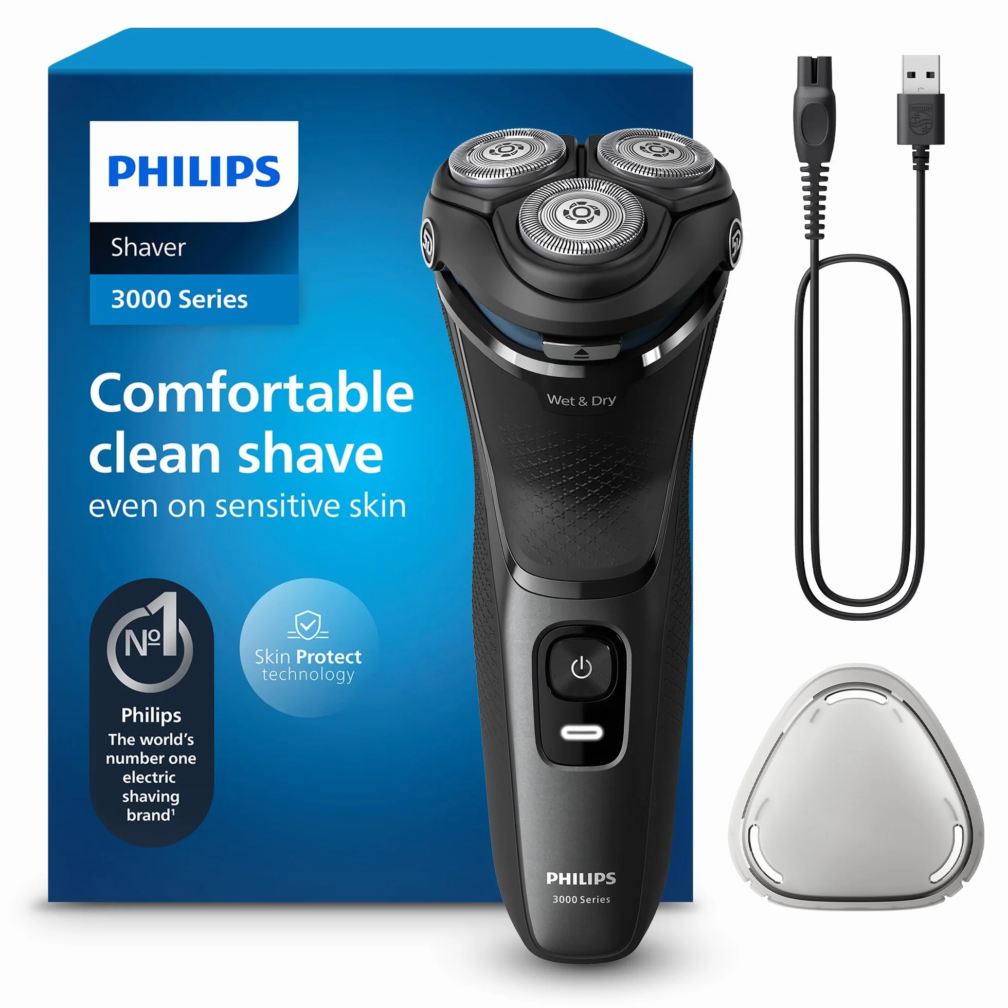 Philips Golarka elektryczna seria 3000 – golarka elektryczna dla mężczyzn do golenia na mokro i na sucho z technologią SkinProtect, wysuwana trymer do brody, golarka bezprzewodowa, S3145/00