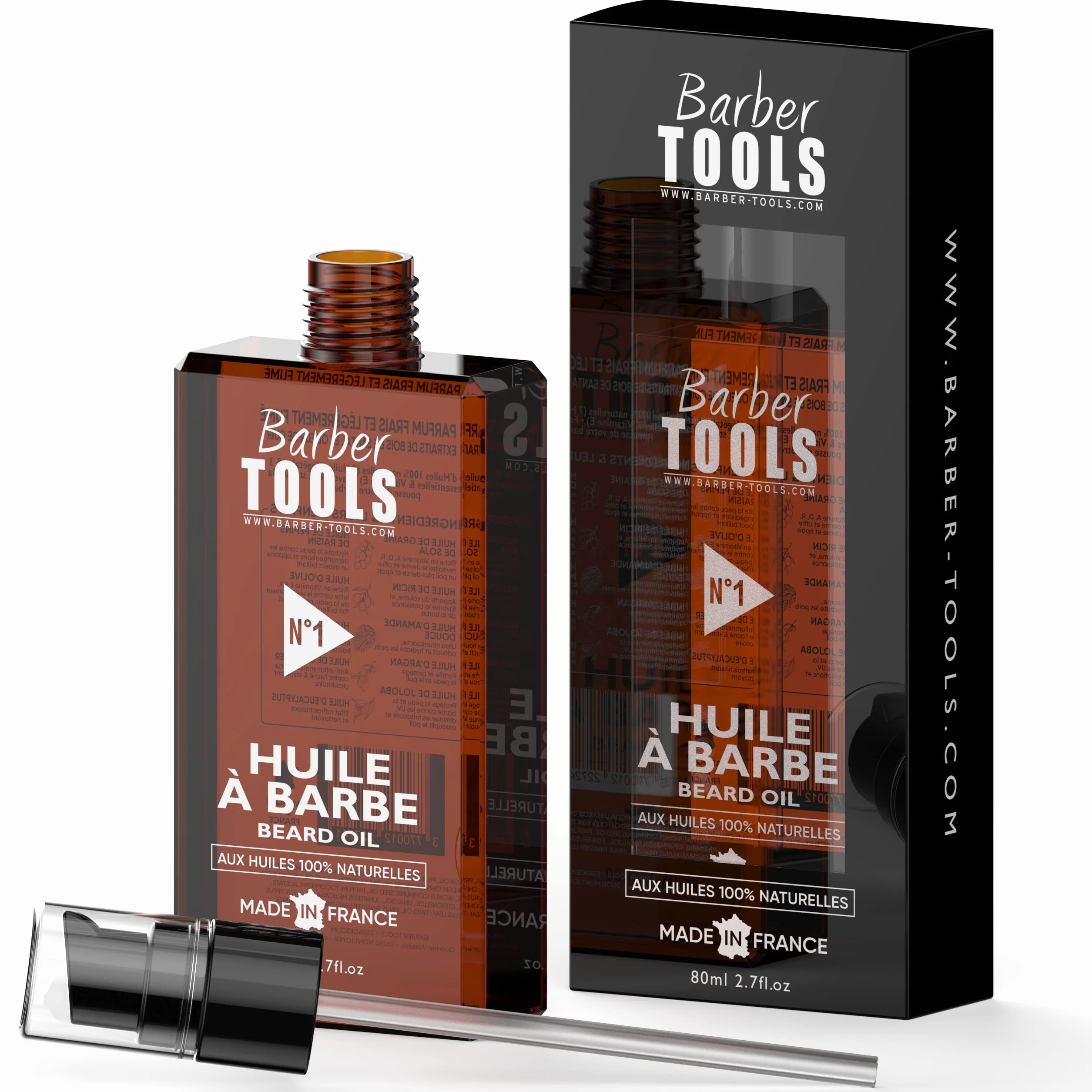 Olejek do brody, N°1, (80ml), 100% naturalny - Wyprodukowano we Francji - Wspomaga wzrost brody - Na bazie oleju rycynowego, 7 olejków roślinnych & 3 olejki eteryczne & Witamina E - Pielęgnacja brody