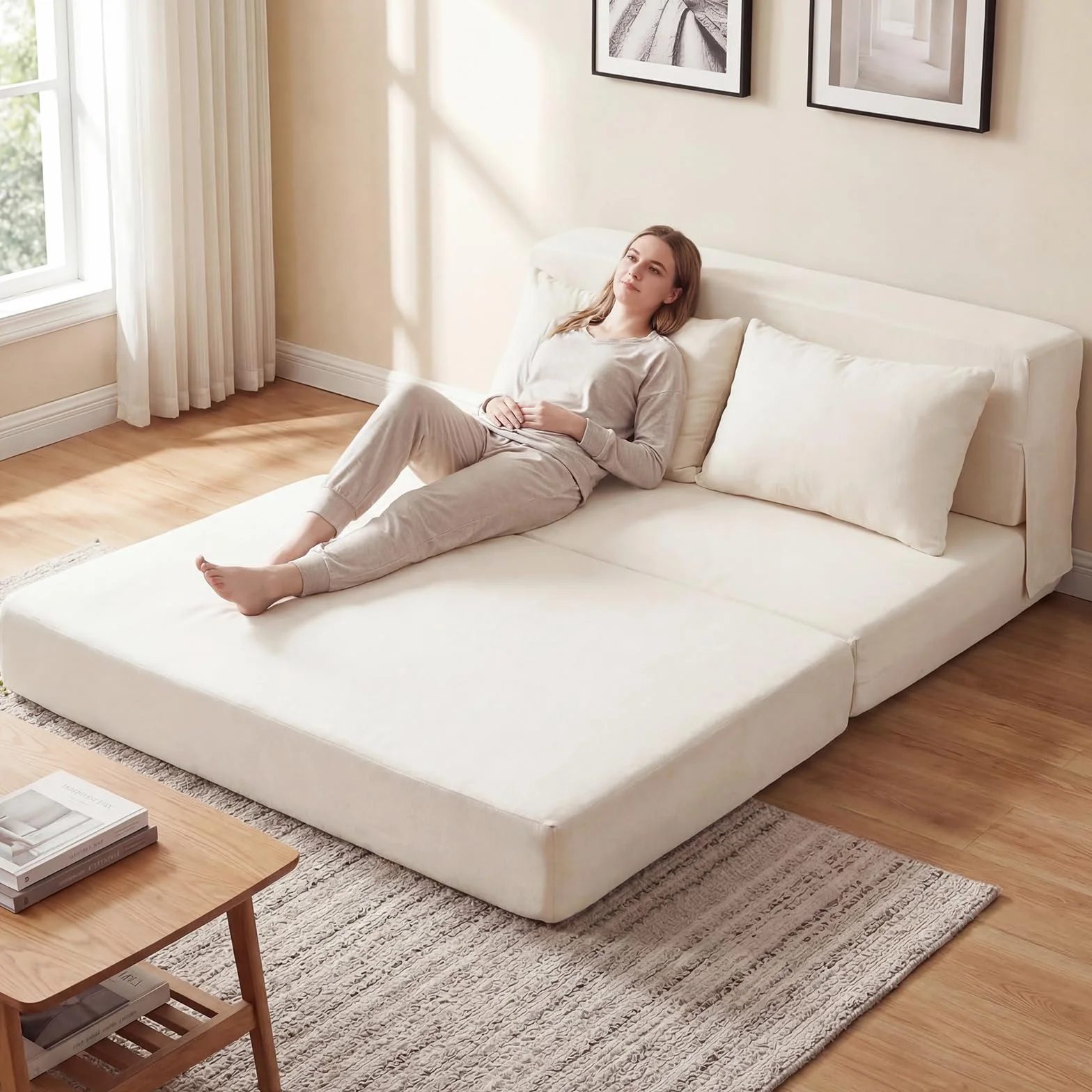 COSTWAY Rozkładana Sofa 3 w 1 z Materiału Szenilowego z 2 Poduszkami, Beżowa, 2-osobowa