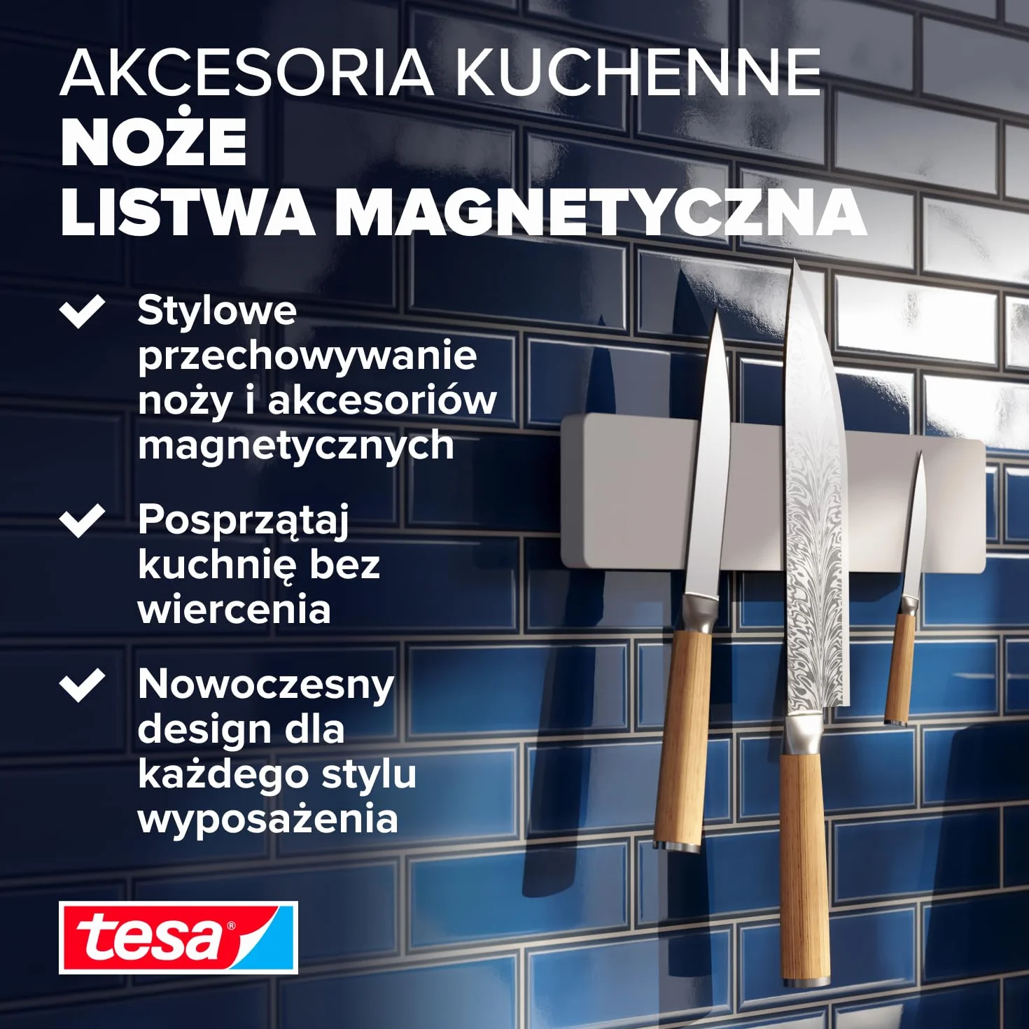 tesa magnetyczny stojak na noże samoprzylepny uchwyt biały