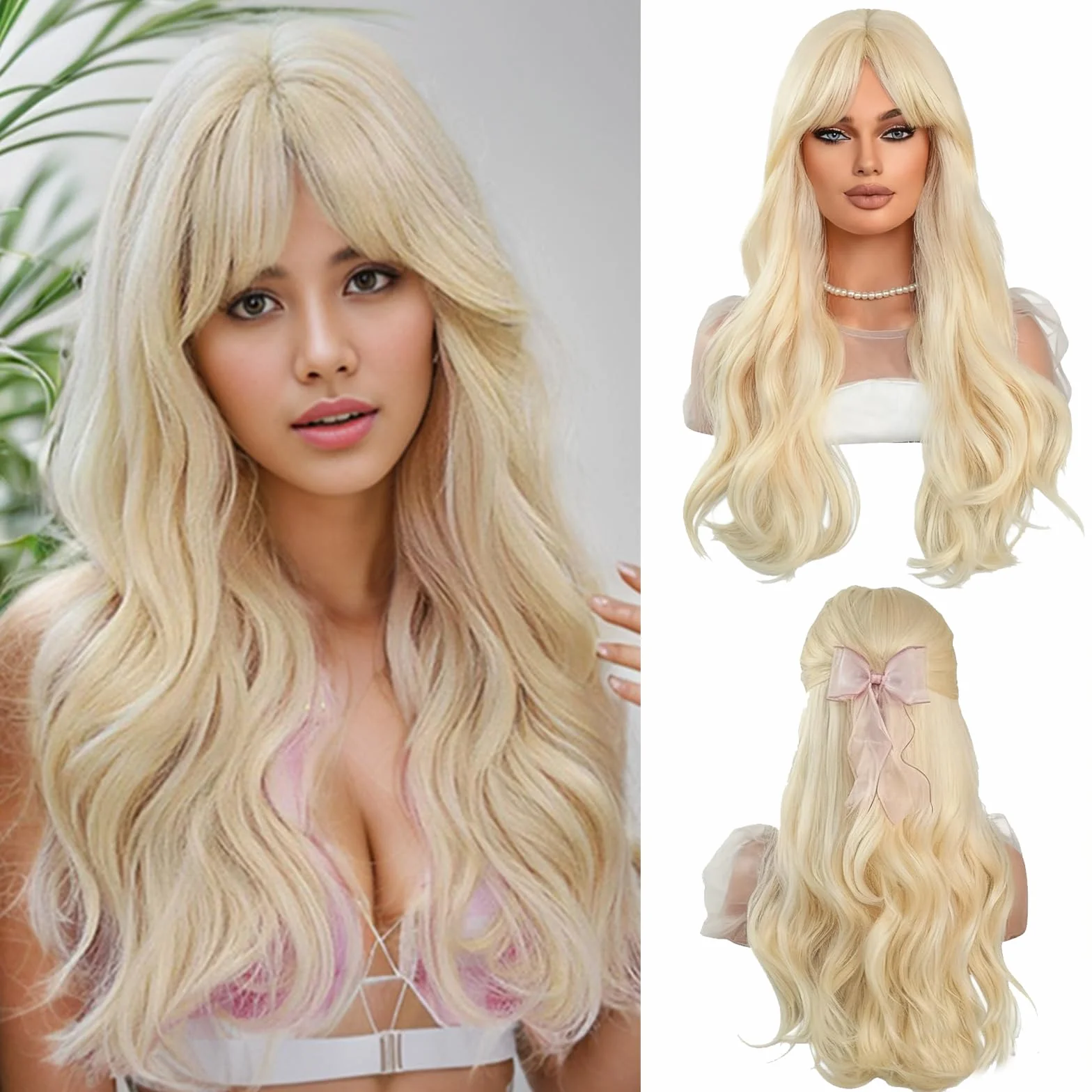 Długa blond falowana peruka dla kobiet i kobiet, kręcone, syntetyczne włosy, peruka do cosplay, długie, falowane, kręcone włosy, kończy się z grzywką, dla kobiet, na imprezę, pełne peruki, na