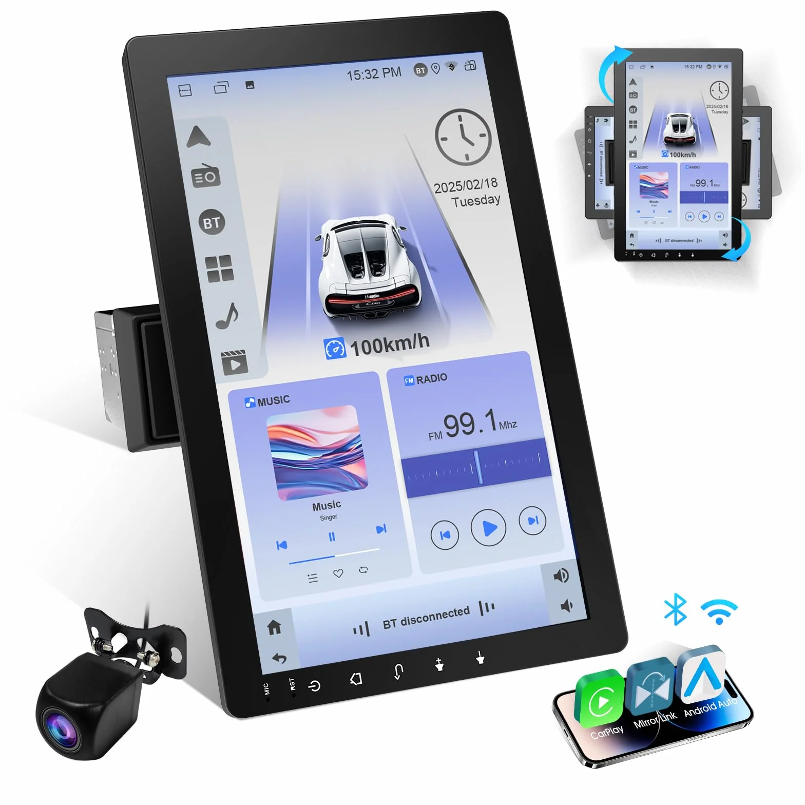 Haudio Obrotowe Radio Samochodowe 360°, Stereo 1 DIN z Funkcją Carplay i Android Auto, 10,1 Calowy Ekran IPS do Odtwarzania z GPS, Mirror Link, Sterowanie Głosowe, Radio RDS/FM/AM, Tylna Kamera 720P