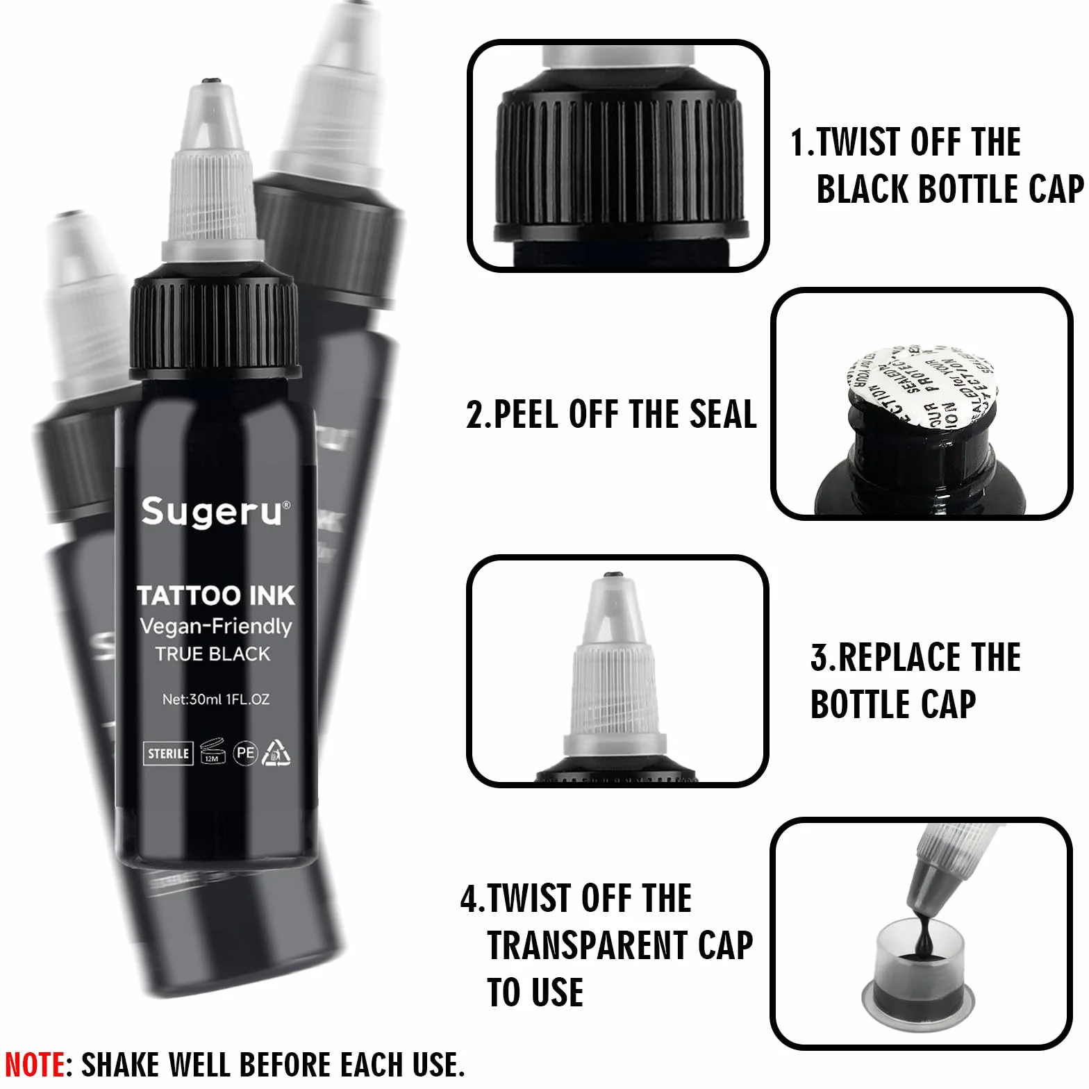 Sugeru® Kolor tatuażu Black – tusz do tatuażu, 30 ml, przyjazny dla wegan, tusz do tatuażu, kolor czarny, trwały kolor, profesjonalny tusz do tatuażu dla artystów tatuażu