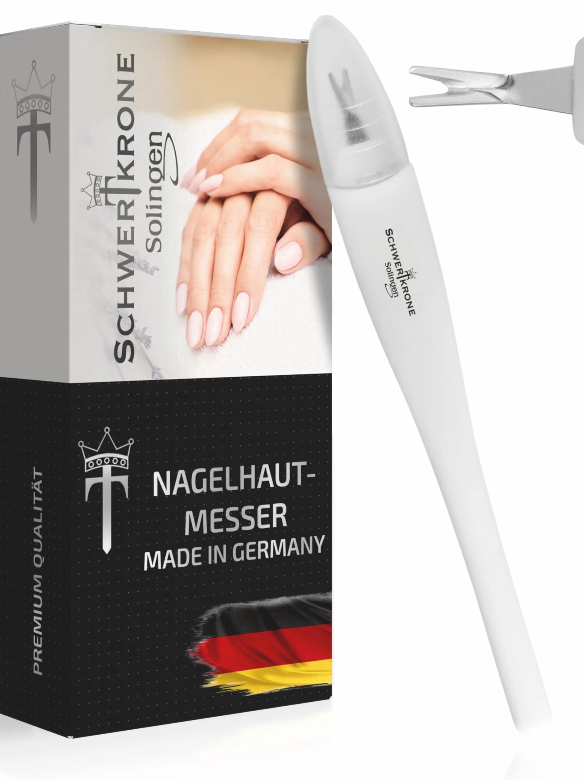 Schwertkrone® Solingen nóż do usuwania skórek z ostrzem w kształcie litery V, z nasadką ochronną – Made in Germany