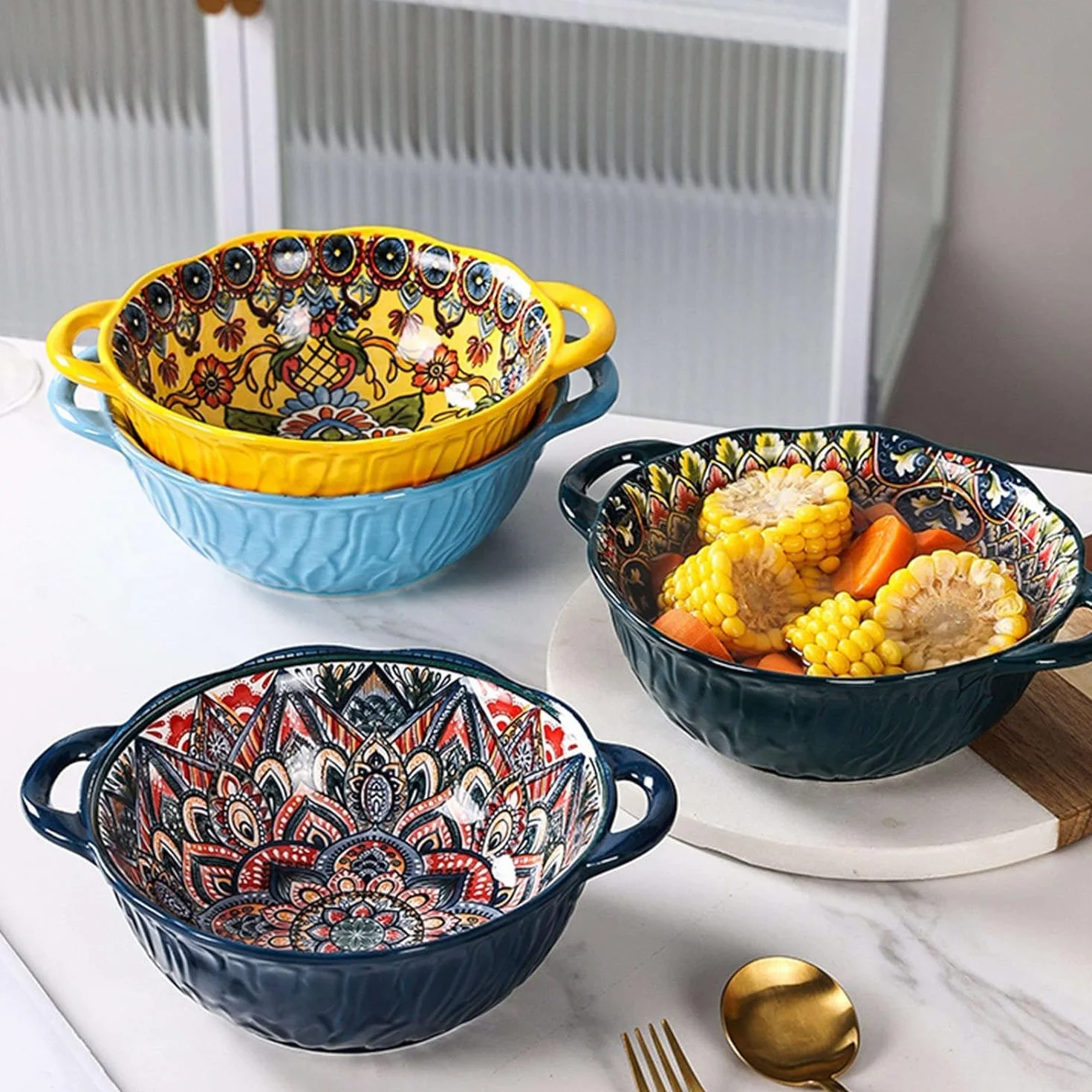 Salaterka ceramiczna, duża misa do zup, kolorowe duże miseczki do musli z uchwytami, średnica 20 cm miseczki do zup z uchwytem, miseczki na deser, miska na owoce