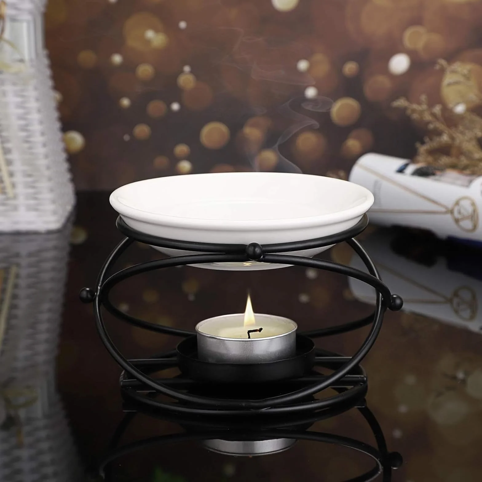 Palnik na olejki aromatyczne, palnik do topienia wosku z ceramiczną miską, geometryczny ceramiczny świecznik na olejki eteryczne, metalowy palnik na olejki eteryczne, do domu, biura,