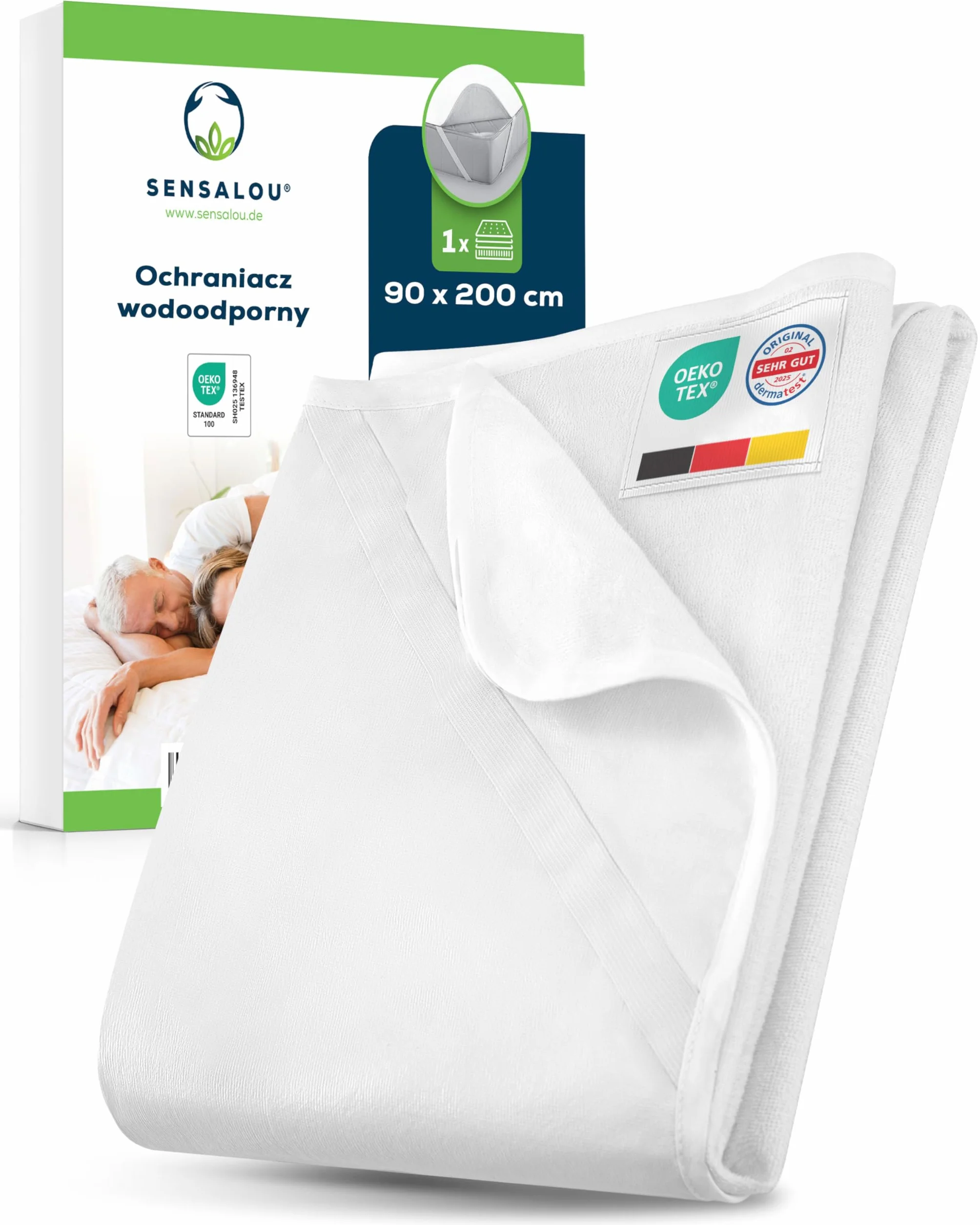 Sensalou Ochraniacz na materac, wodoszczelny, ochrona przed wilgocią, nakładka na materac 90 x 200 cm, biały