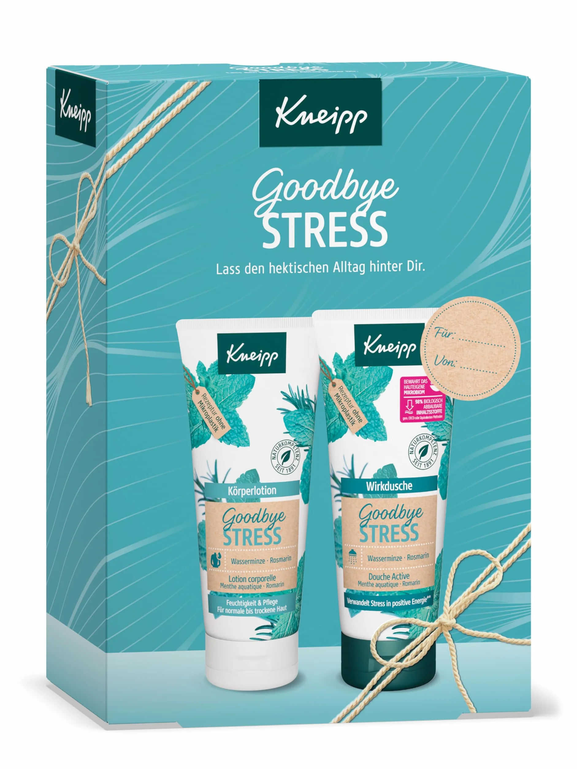 Kneipp Zestaw upominkowy Goodbye Stress – zawiera 1 x aktywny żel pod prysznic i 1 x balsam do ciała – Goodbye Stress: odświeżający zapach z naturalnym olejkiem eterycznym rozmarynu i ekstraktem z