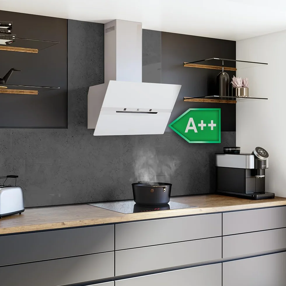 Cecotec Okap próżniowy 60 cm szkło hartowane. Bolero Flux DT 608010 szkło białe A++ 210 W, okap 60 cm, szkło białe, przepływ powietrza 800 m3/h, A++, elektroniczny, LED, węgiel Ø176, aluminium 5