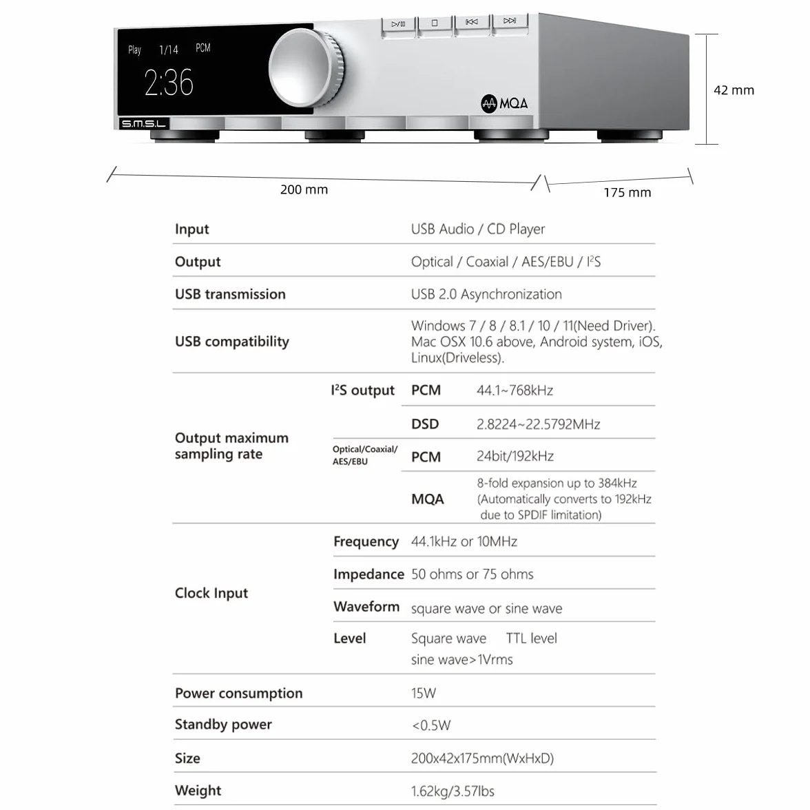 S.M.S.L PL200T MQA-CD cyfrowy transfer potrójna moc, antywibracyjny 32 bit/768kHz DSD512 zegar IO 44.1kHz/10MHz Odtwarzacz CD MQA