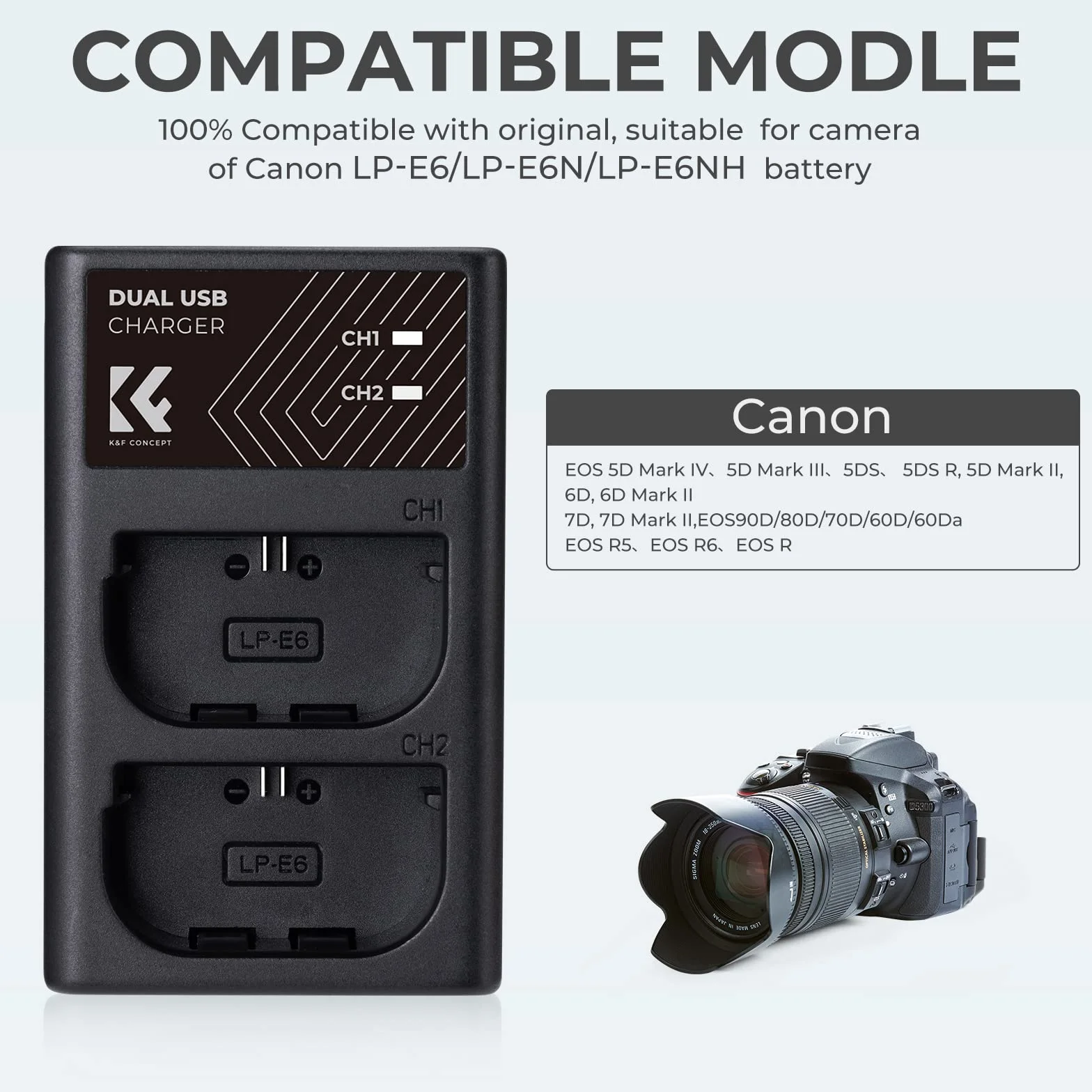 K&F CONCEPT E6/E6N/E6NH szybka podwójna szczelinowa ładowarka do Canon EOS R5/R6/R/5DS R/5D Mark II/7D Mark II/90D/80D/70D