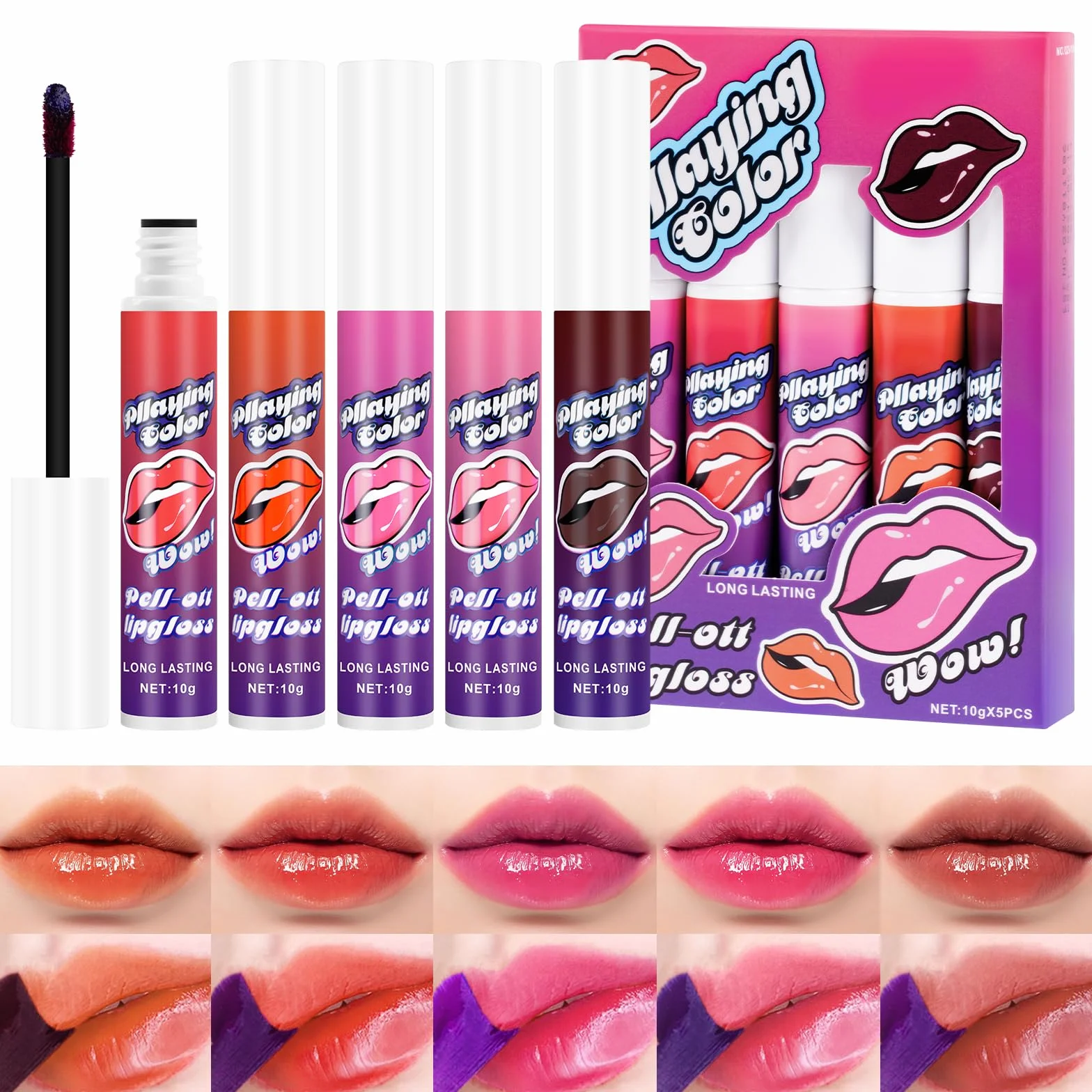 Peel Off Lip Stain Zestaw 5 Kolorów, Odciek do ust z matowym wykończeniem, długotrwały i wodoodporny, wysoce pigmentowany, błyszczyk do ust pozostanie na cały dzień