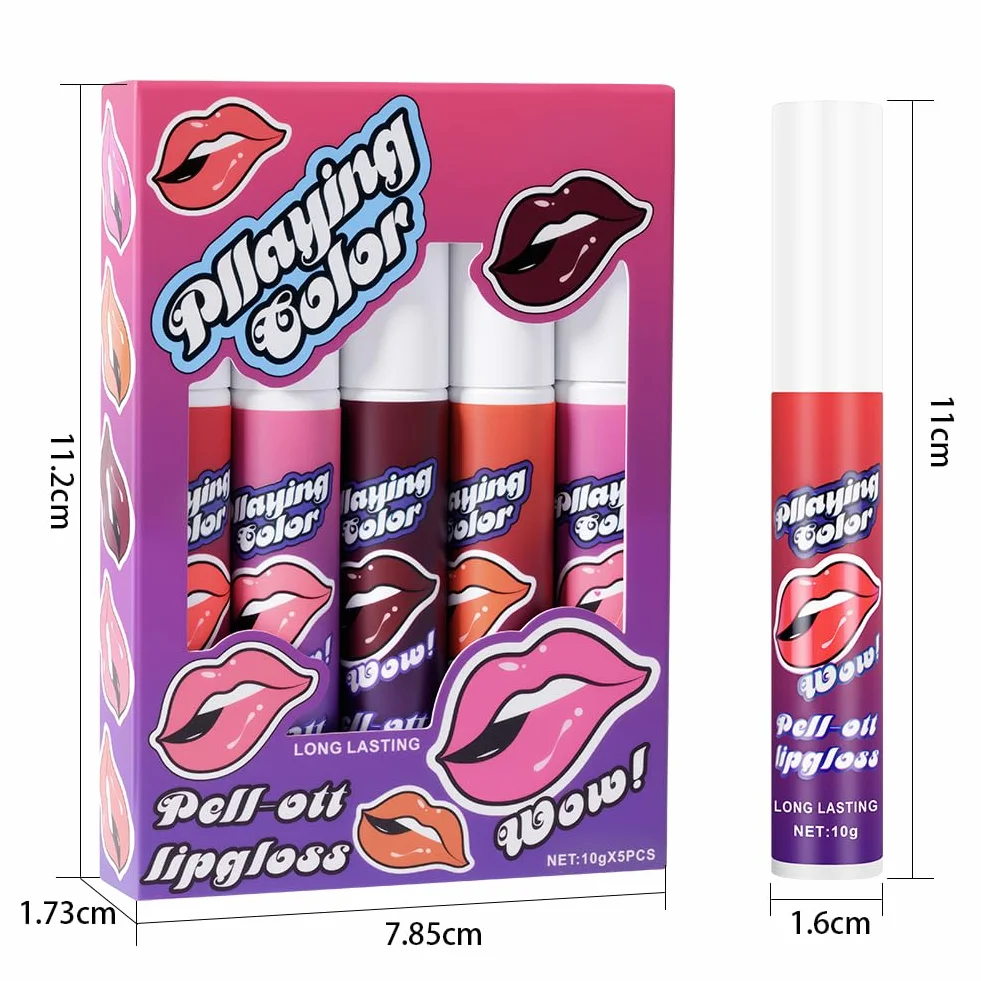 Peel Off Lip Stain Zestaw 5 Kolorów, Odciek do ust z matowym wykończeniem, długotrwały i wodoodporny, wysoce pigmentowany, błyszczyk do ust pozostanie na cały dzień