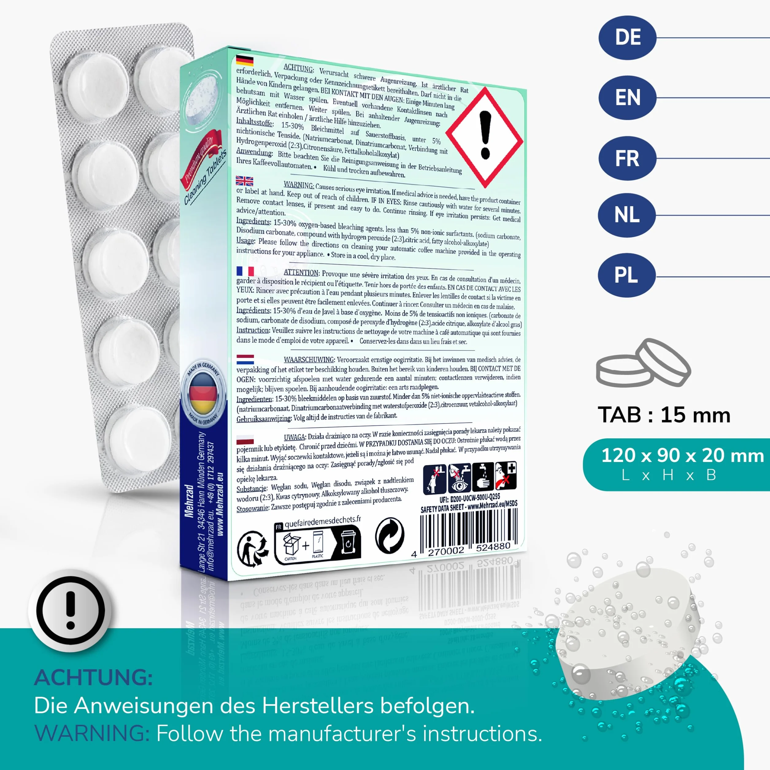 Tabletki czyszczące do ekspresu do kawy, kompatybilne i przetestowane dla Siemens EQ-Series i Krups, 40 x 2 g, przyjazne dla środowiska, bardzo mocna formuła czyszcząca „Made in Germany”