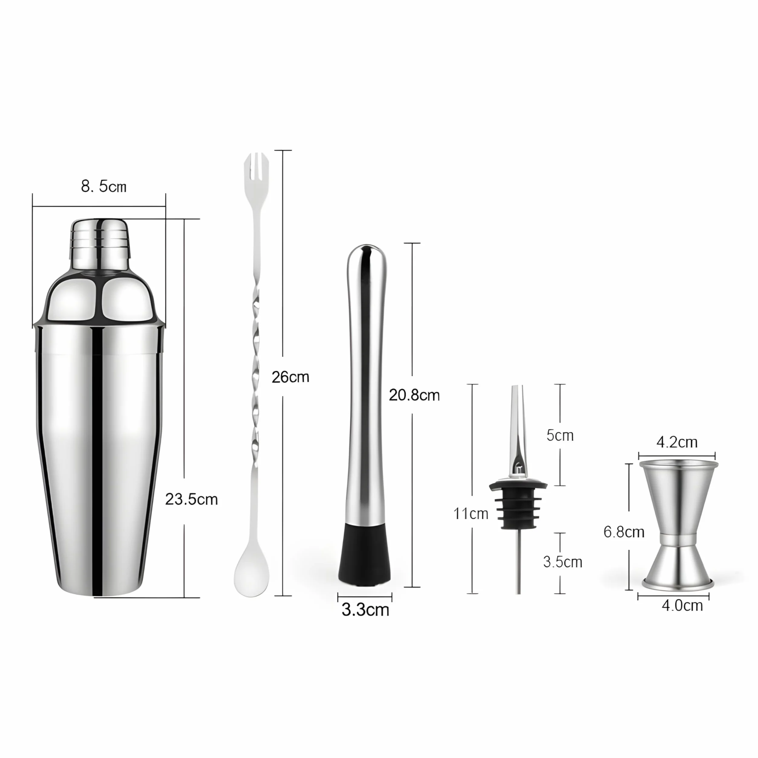 Retoo Zestaw do koktajli, shaker do koktajli, zestaw barowy ze stali nierdzewnej, 750 ml, 6-częściowy zestaw do shaker ze stali nierdzewnej, profesjonalny zestaw do mieszania koktajli, zestaw barowy