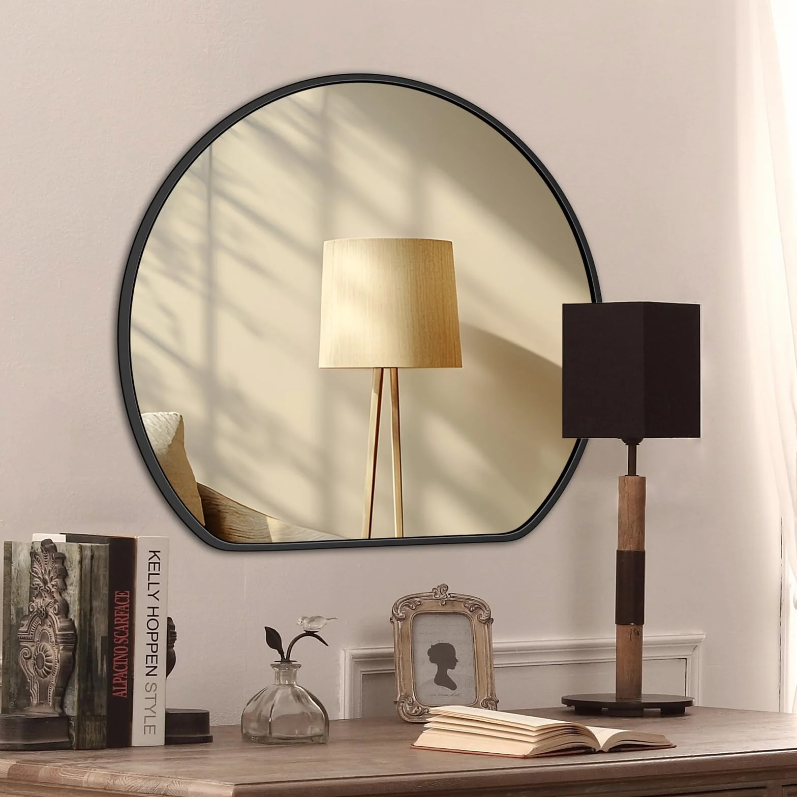 Czarne lustro ramowe 70x62 cm półokrągłe lustro łazienkowe montowane na ścianie dekoracyjne