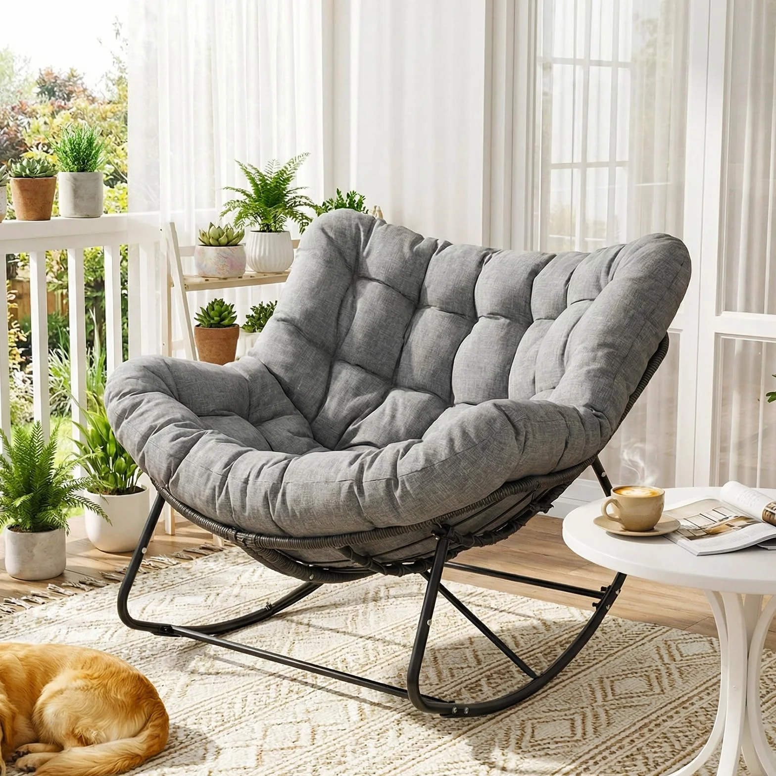 LIFERUN Fotel bujany z rattanu, fotel bujany w kształcie jajka, oversize, z grubą, zdejmowaną tapicerką i metalową ramą, obciążenie 150 kg, fotel do ogrodu, na balkon, do salonu, szary