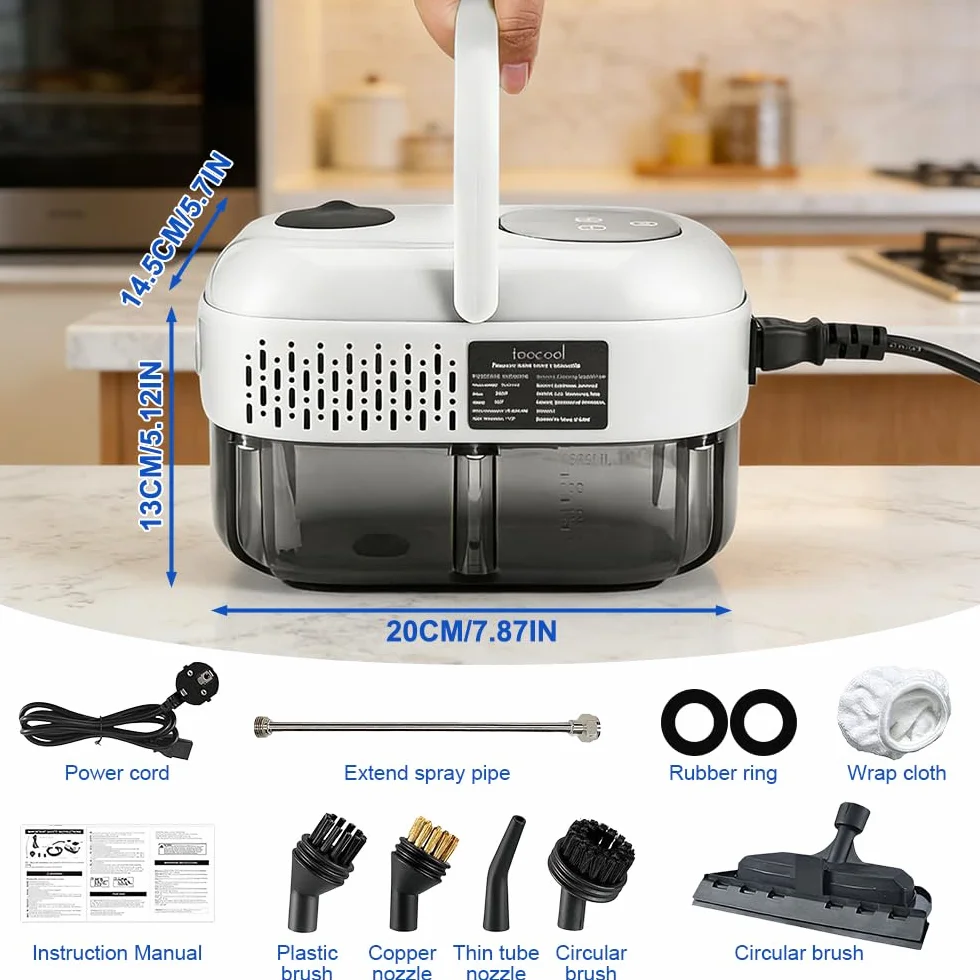 Przenośna myjka parowa 2500 W, ręczna ze zbiornikiem 1100 ml i 3 głowicami szczotkowymi do kuchni, łazienki, samochodu