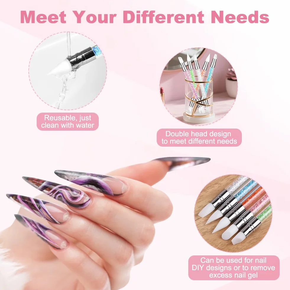 5 sztuk silikonowych pędzli, dwustronne pędzle do nail art, pędzle do zdobienia paznokci, zestaw pędzli do malowania i projektowania sztuki, narzędzie do punktowania i rysowania na paznokciach