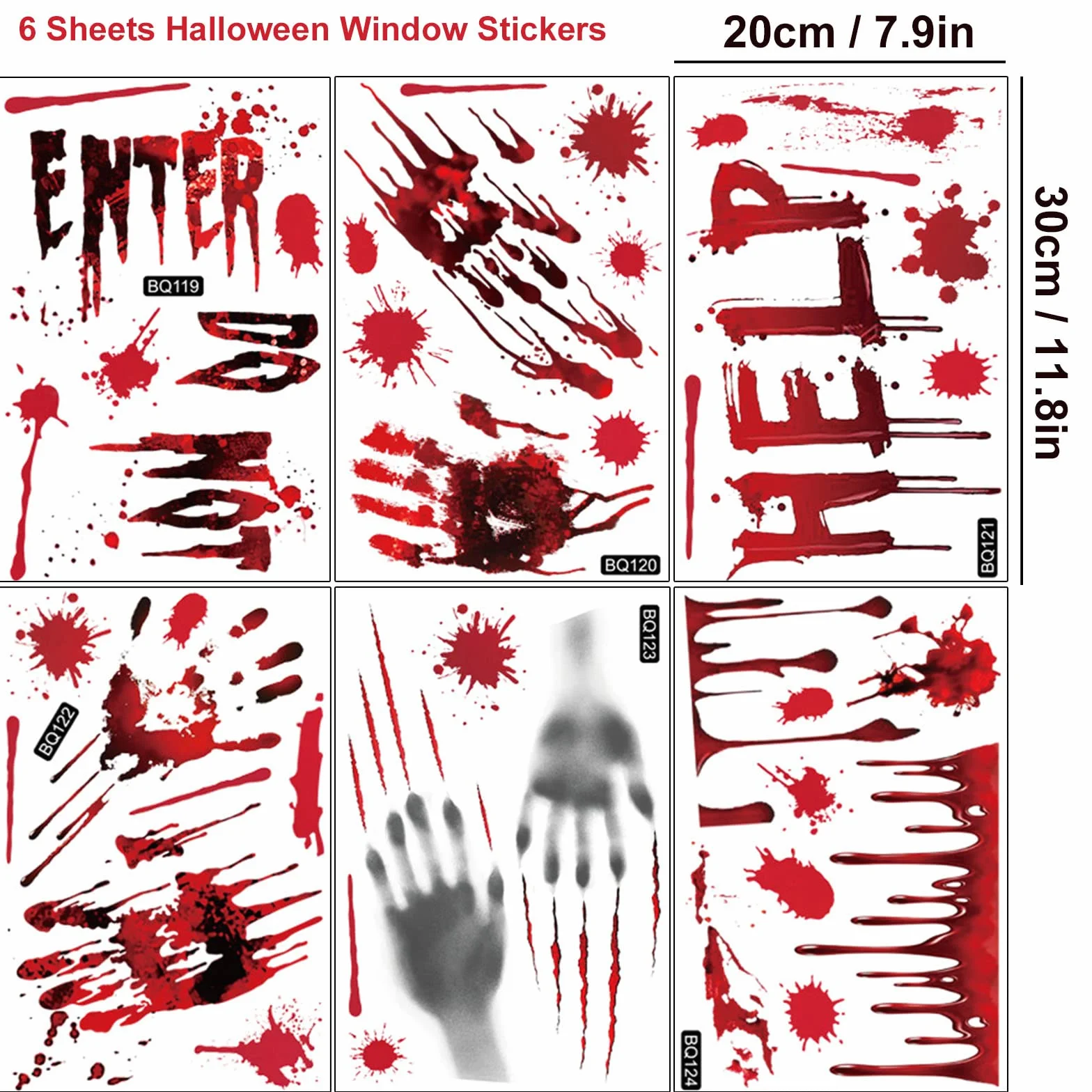 Naklejki Halloweenowe na okno 6 arkuszy krwawe odciski rąk wielokrotnego użytku