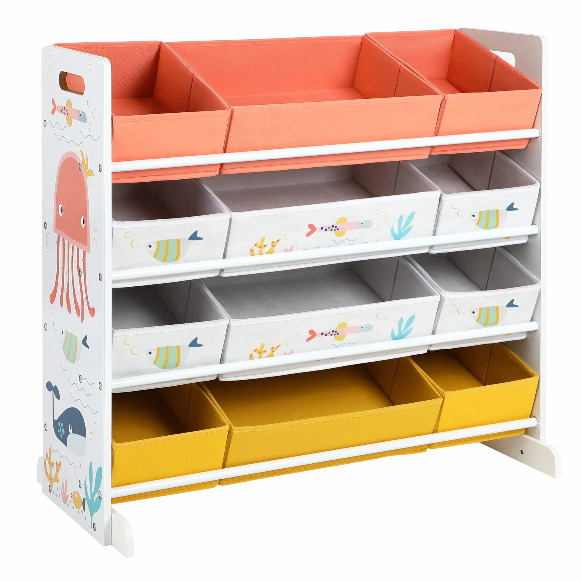 SONGMICS GKRS04WT Regał do pokoju dziecięcego, z 12 pojemnikami z materiału, na książki i zabawki, organizer na zabawki, wielofunkcyjny, biały