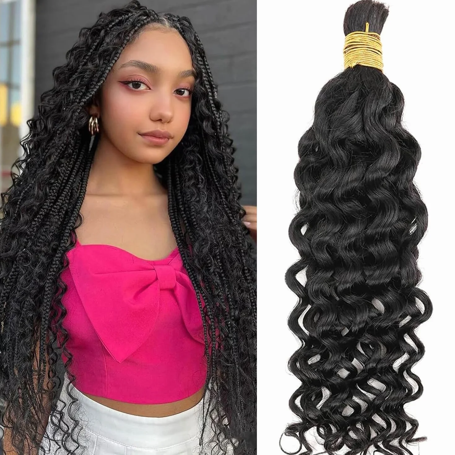 Human Braiding Hair Water Wave Human Hair Brazilian Curly Boho Hair for Braiding No Weft for Boho Braids Human Hair Natural color Wet and Wavy for Extensions Knotless Braids (16 inch/50g)