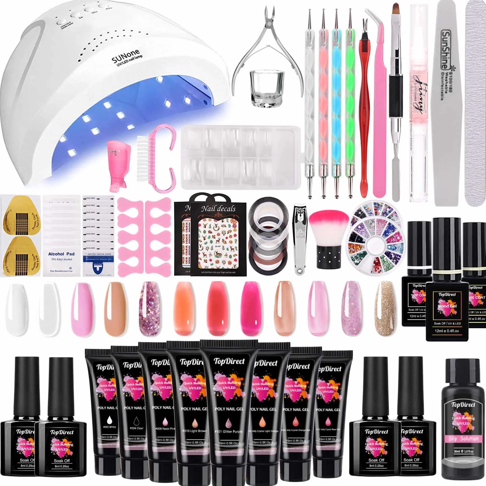 TopDirect Zestaw do przedłużania paznokci żelowych, z lampą 48 W, 8 kolorów + 4 kolory lakieru do paznokci Shellac z bazą i topem, 100 tipsów do stylizacji paznokci, kompletny zestaw startowy