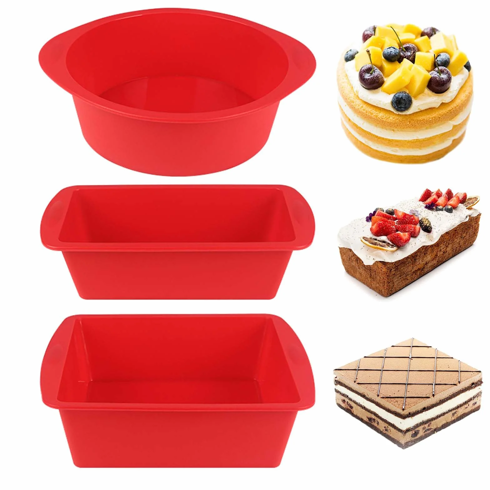 Silikonowa forma do ciasta, 3 sztuki, zestaw silikonowych form do pieczenia, odporna na wysokie temperatury, forma do pieczenia ciast, chleba, quiche (czerwona, kwadratowa)