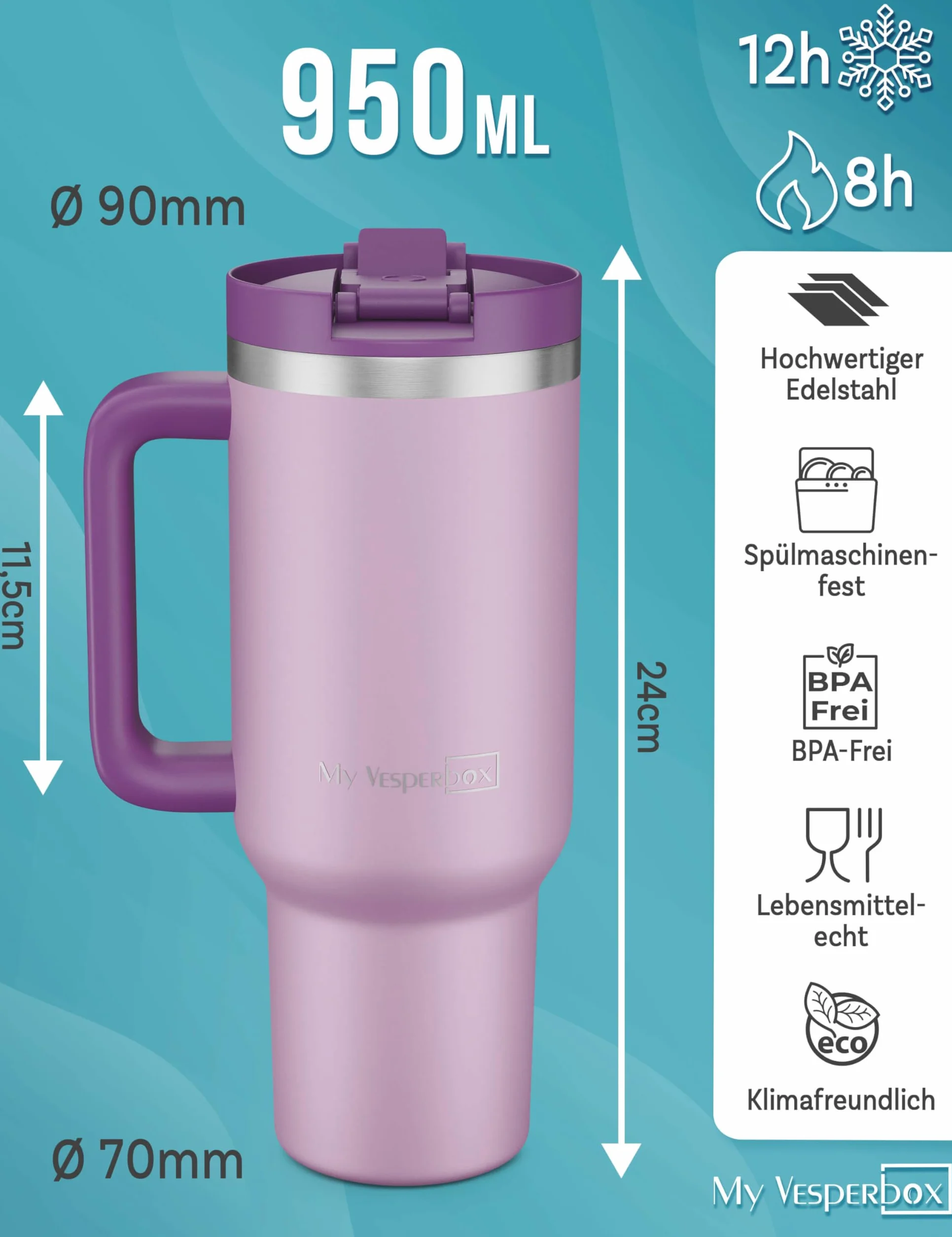 My Vesperbox Kinny Cup kubek termiczny, ze słomką, 500, 950 ml, kubek do kawy na wynos, ze stali nierdzewnej, bez BPA i melaminy