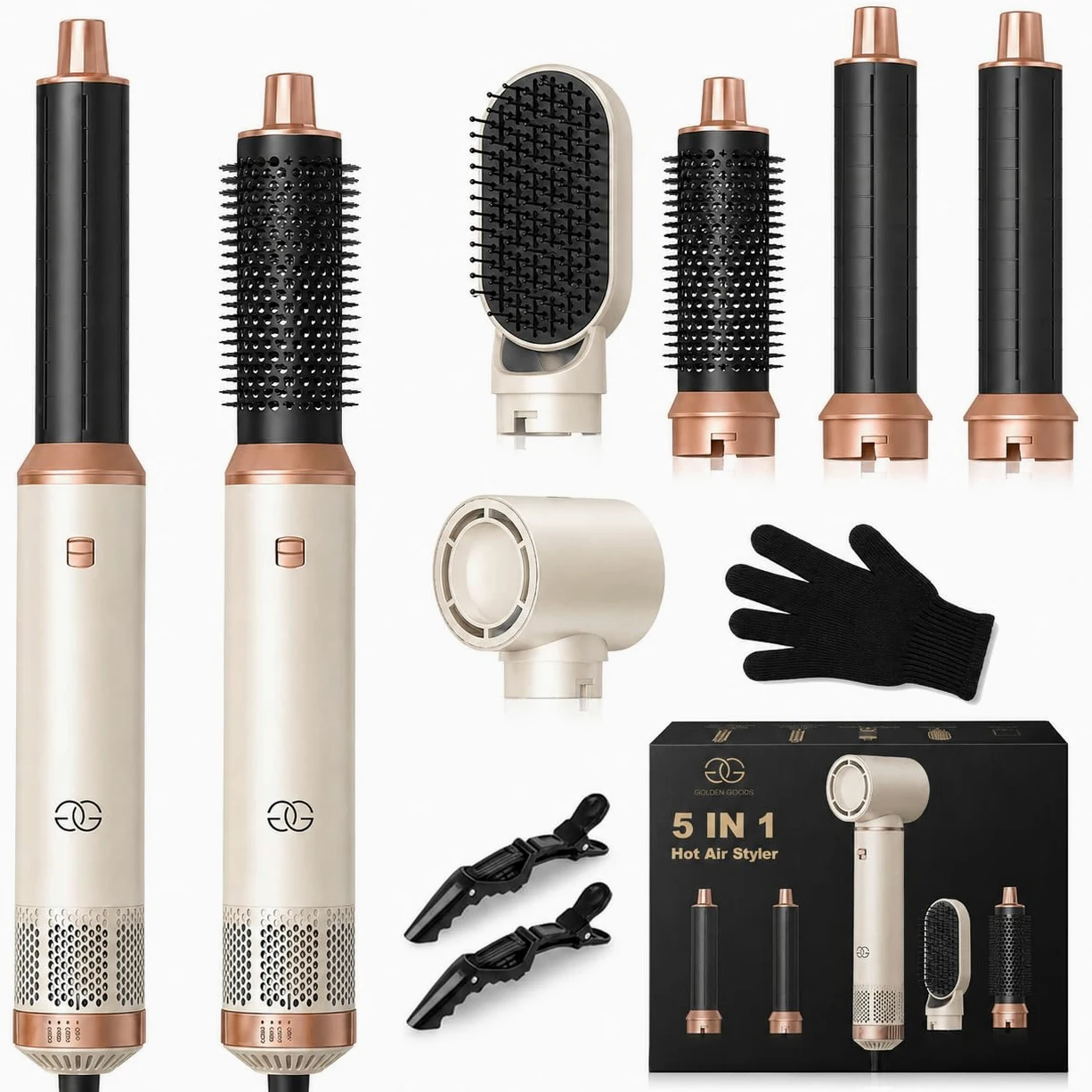 Golden Goods Airstyler Lokówka 5 w 1 - Szczotka do loków - Wielofunkcyjna suszarka do włosów z 5 nasadkami - Prostownica 1000 W - edycja sandstone