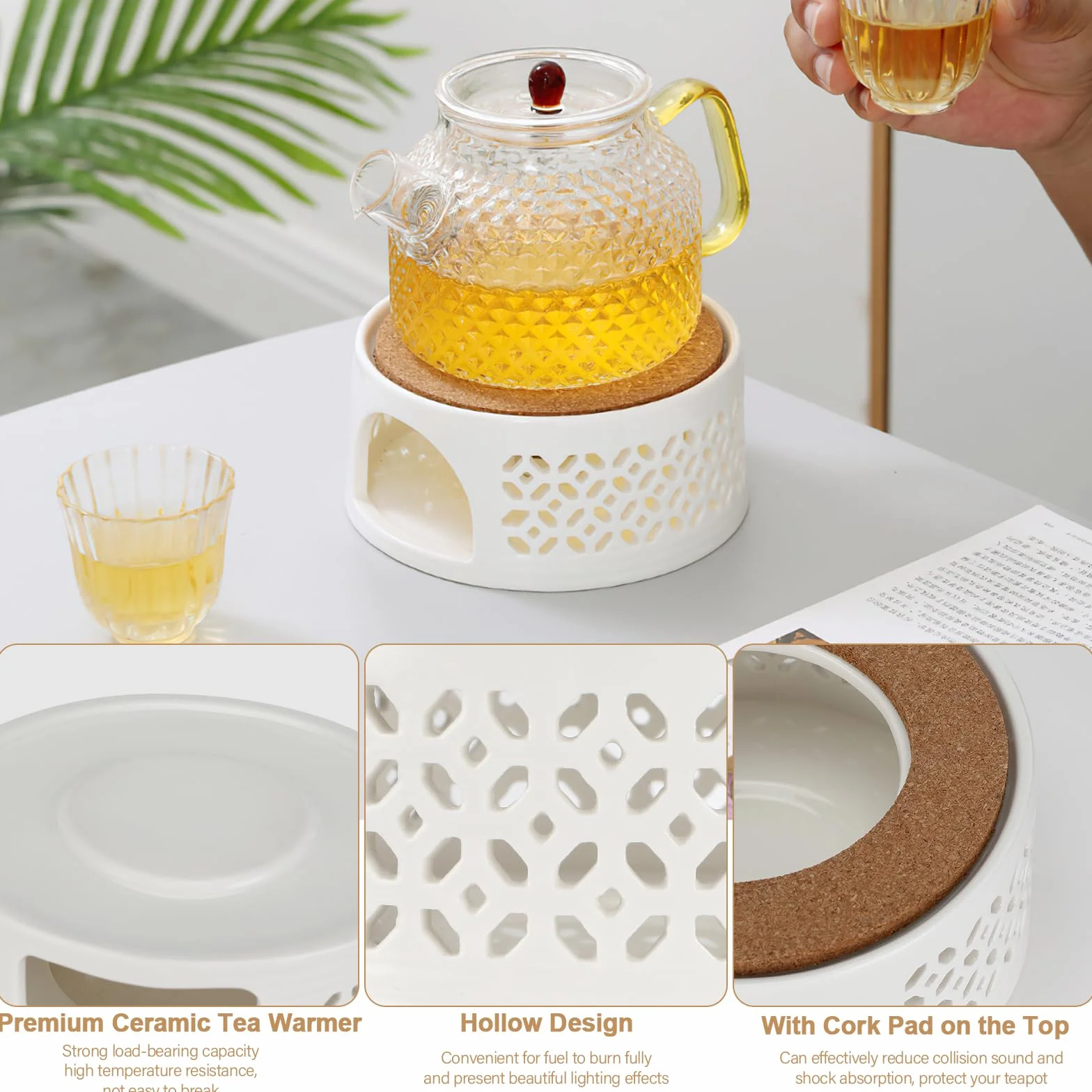 Ceramiczny podgrzewacz do herbaty z korkową podkładką, wydrążony rzeźbiony wzór