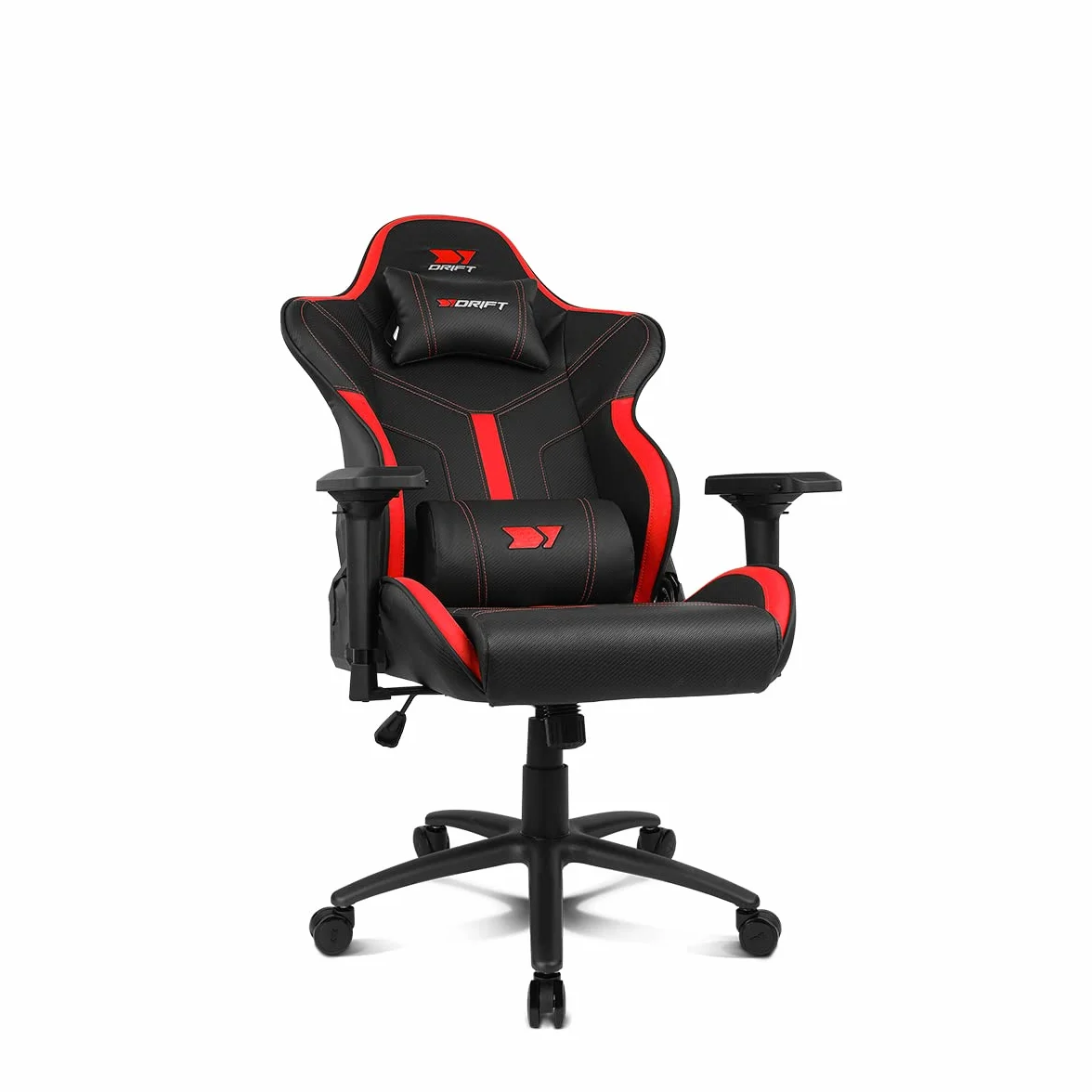 DRIFT Gaming Chair DR350 -DR350BR - Profesjonalny fotel do gier, imitacja skóry, podłokietniki 4D, ciche kółka, tłok klasy 4, pochylenie, poduszka lędźwiowa/szyjna, kolor czarny/czerwony