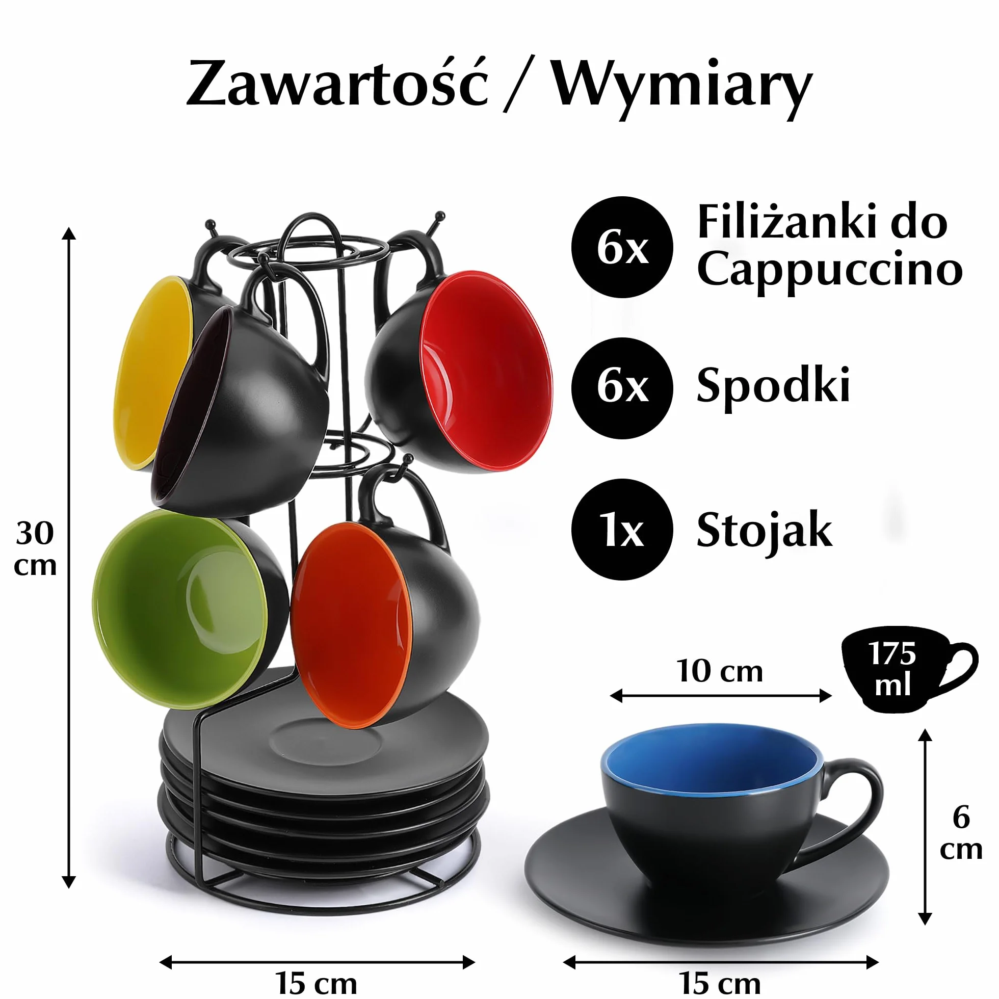 MIAMIO - 6 x 175 ml filiżanek do cappuccino/zestaw filiżanek do cappuccino Na zewnątrz czarne Wewnątrz kolorowe - Kolekcja Le Papillon (Mieszane)