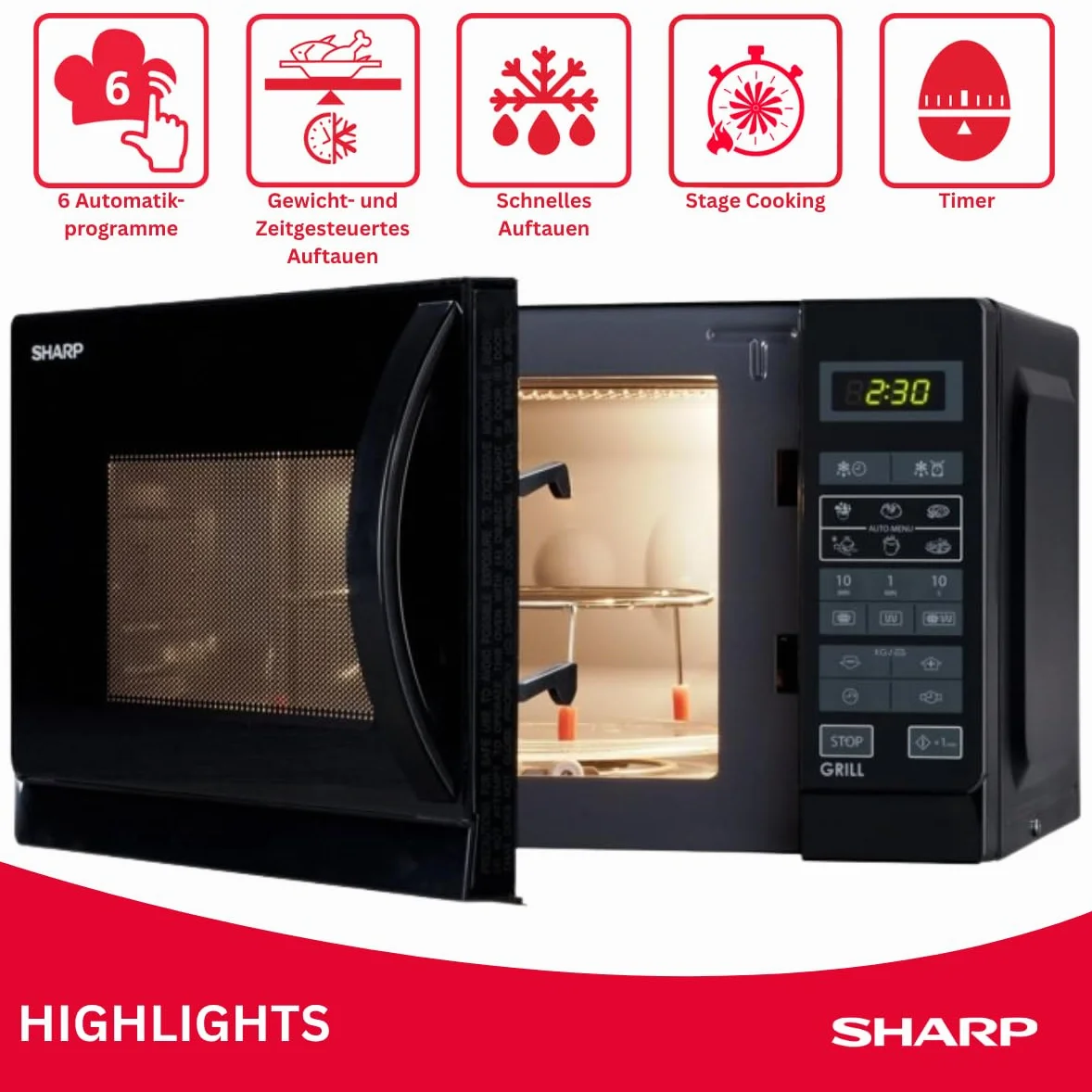 Sharp R642BKW kuchenka mikrofalowa 2-w-1 z grillem 20 l 800 W 1000 W grill kwarcowy 8 programów automatycznych czarny