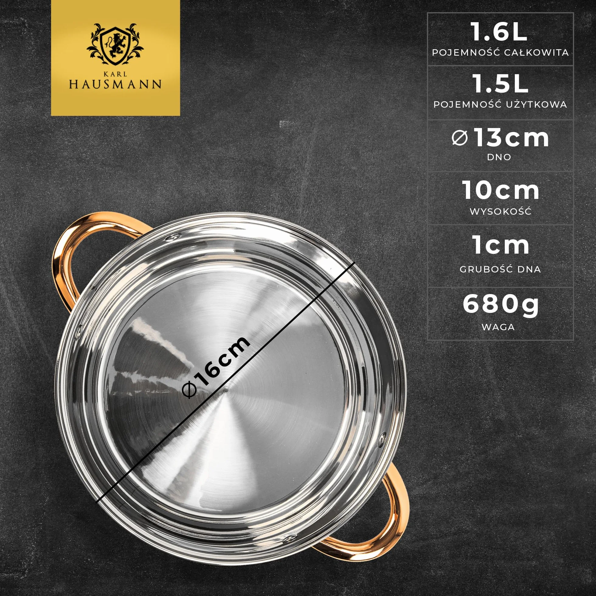 KARL HAUSMANN Mały Garnek ze Stali Nierdzewnej - 1.6L - Ø 16 cm - ze Szklaną Pokrywką - do Gotowania Zupy, Makaronu, Spaghetti - Kompatybilny ze Wszystkimi Rodzajami Kuchenek, w tym Indukcją
