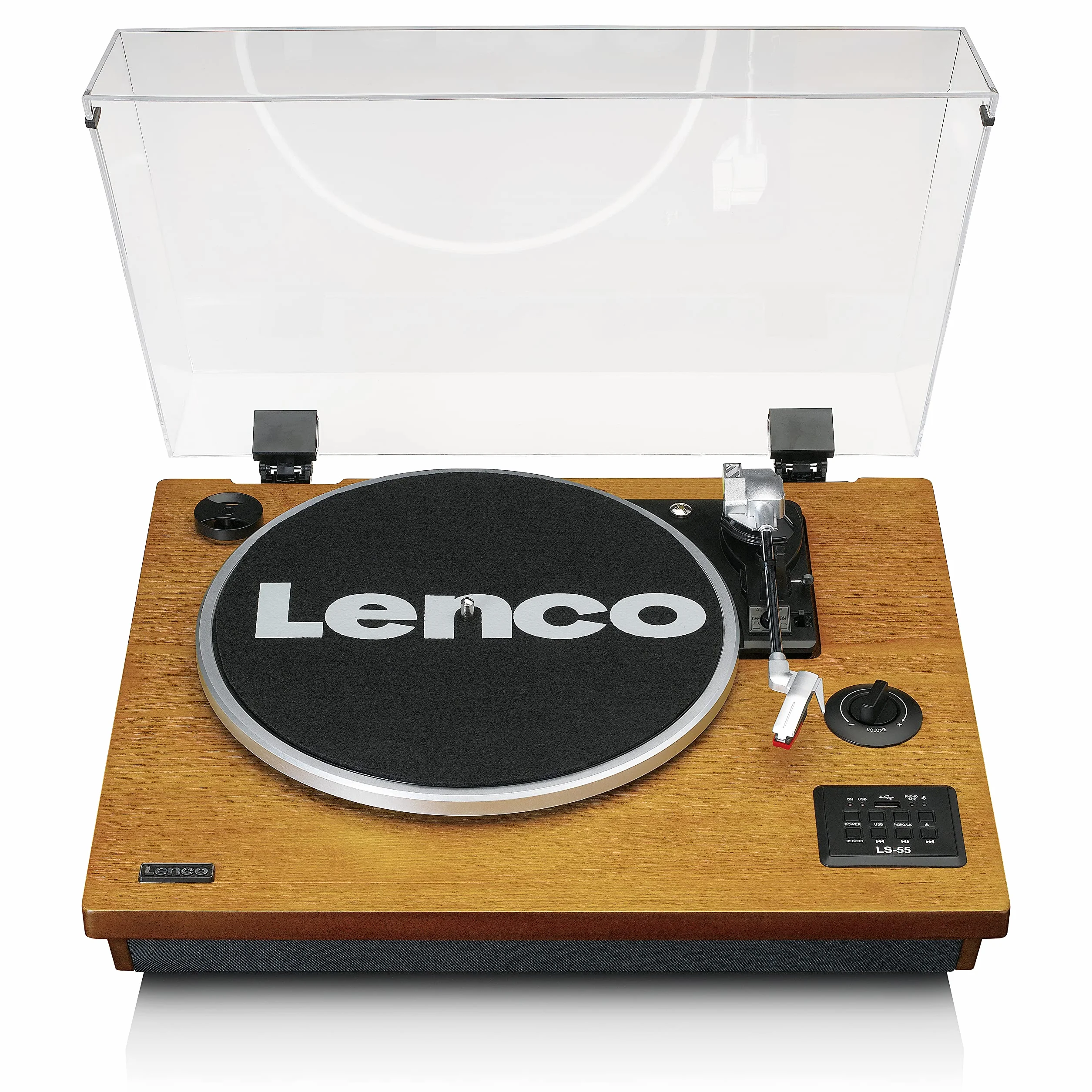 Gramofon Lenco LS-55 ze zintegrowanymi głośnikami - Odbiór Bluetooth - Bezpośrednie kodowanie MP3 na nośnik pamięci - 2 x 5 W RMS - Wejście USB - AUX - Brązowy
