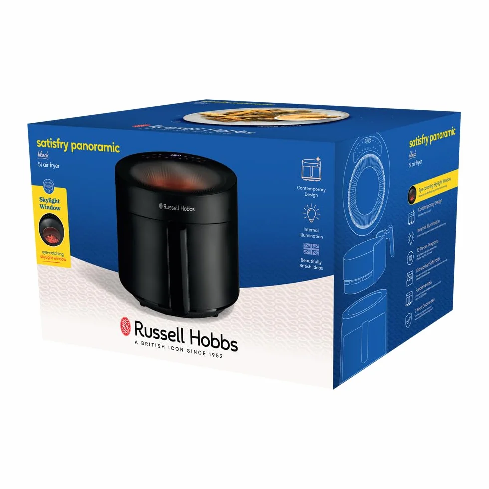 Russell Hobbs Frytkownica beztłuszczowa 5L [10 programów | z okienkiem] Air Fryer (frytkownica bez oleju, grillowanie, pieczenie, max. 200°C, można myć w zmywarce) SatisFry Panoramic Czarny 27420-56