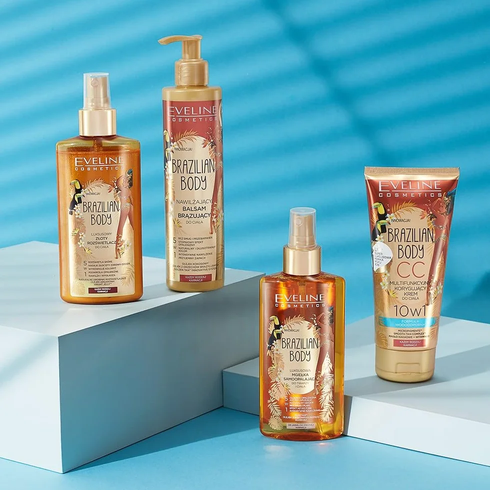 Eveline Cosmetics Brazilian Body Luksusowa złota mgiełka brązująca 5w1 do każdego rodzaju skóry Nawilża Rozjaśnia Wygładza Wyrównuje koloryt skóry Rozświetla 150ml