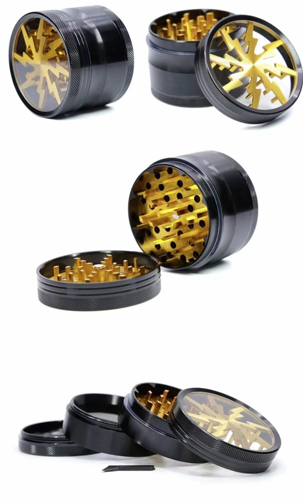Generisch Młynek 63 mm | Kruszarka do ziół i przypraw | Kolor: czarny ze złotem | Pokrywa magnetyczna | Materiał: Cynk | Dodatkowy uchwyt do łatwego obracania, GSG63