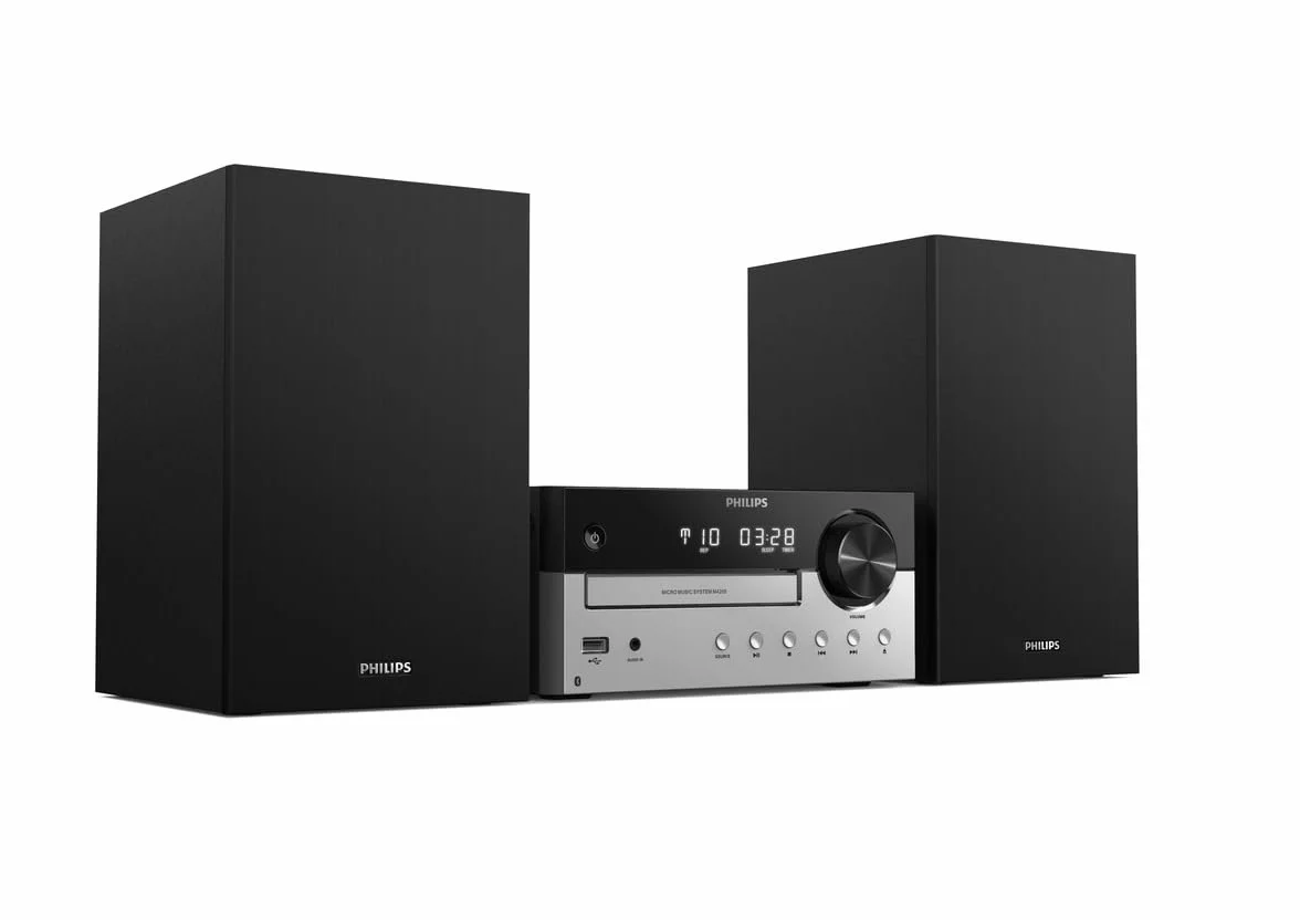 PHILIPS Micro Music System z Bluetooth (system HiFi, radio FM, USB, CD, MP3-CD, Audio-In, port USB do ładowania, głośniki Bass-Reflex, cyfrowe sterowanie dźwiękiem) – model 2020/2021, TAM4205/12