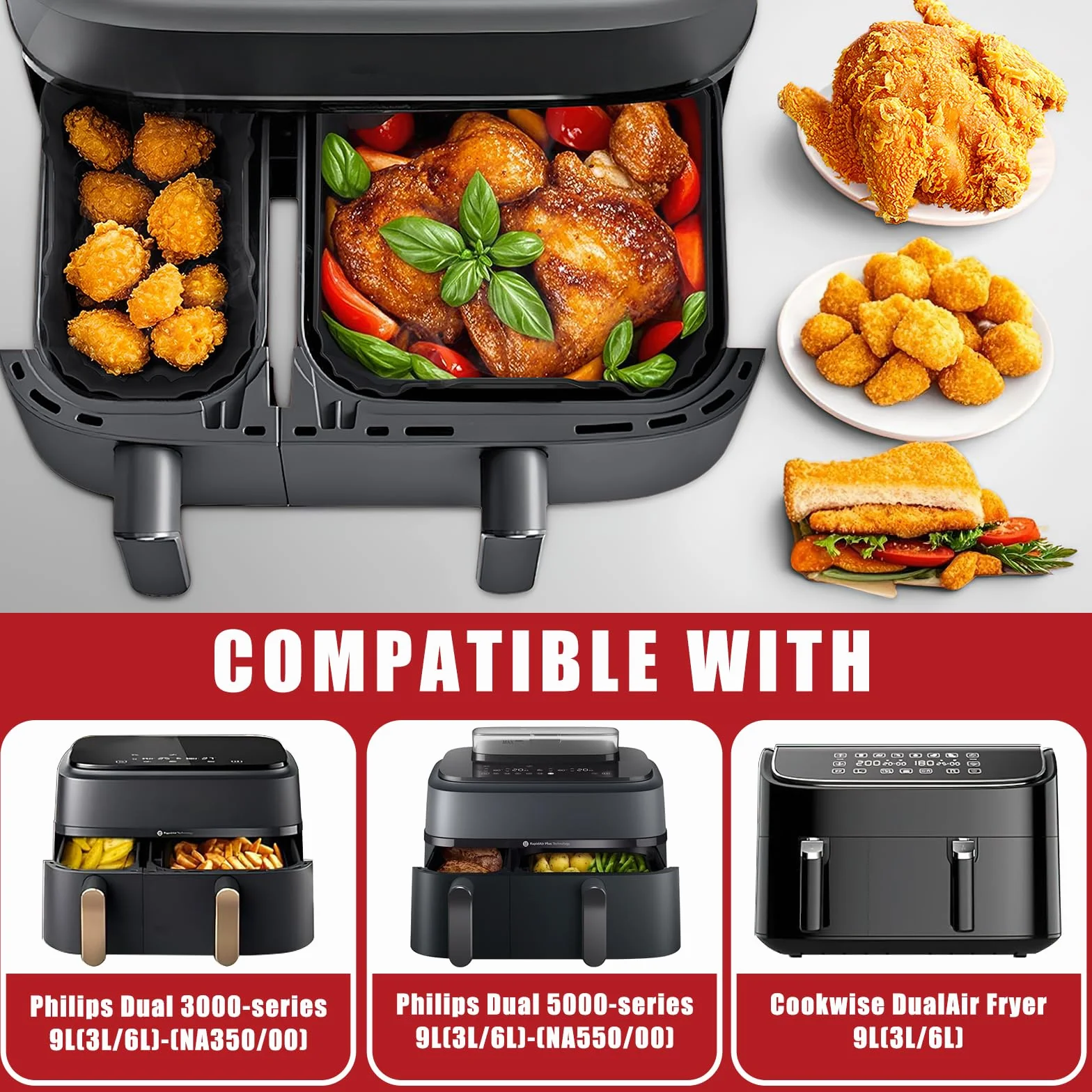 Silikonowa akcesoria frytkownicy do Philips - 2 szt. wkłady do Airfryer Dual Basket 3000 (NA350/00) i Steam Airfryer 5000 (NA550/00) | Kompatybilne wkłady silikonowe 9L