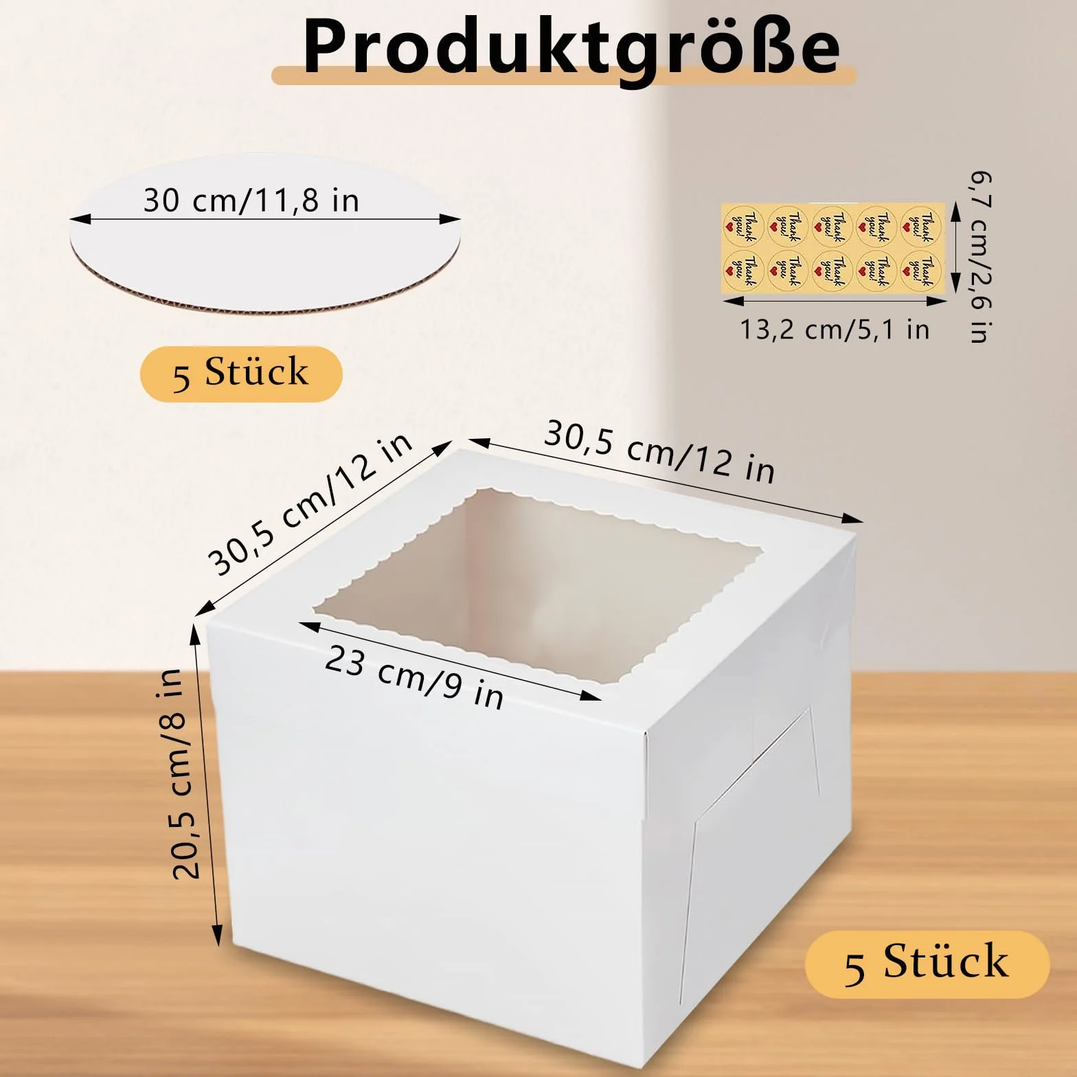 Pudełko na tort, 30,5 x 30,5 x 20,5 cm, wysokie pudełko na tort, 5 sztuk, wysokie pudełko na tort, karton na tort z oknem, okrągłe deski do ciasta i taśmą, pudełko na ciasto
