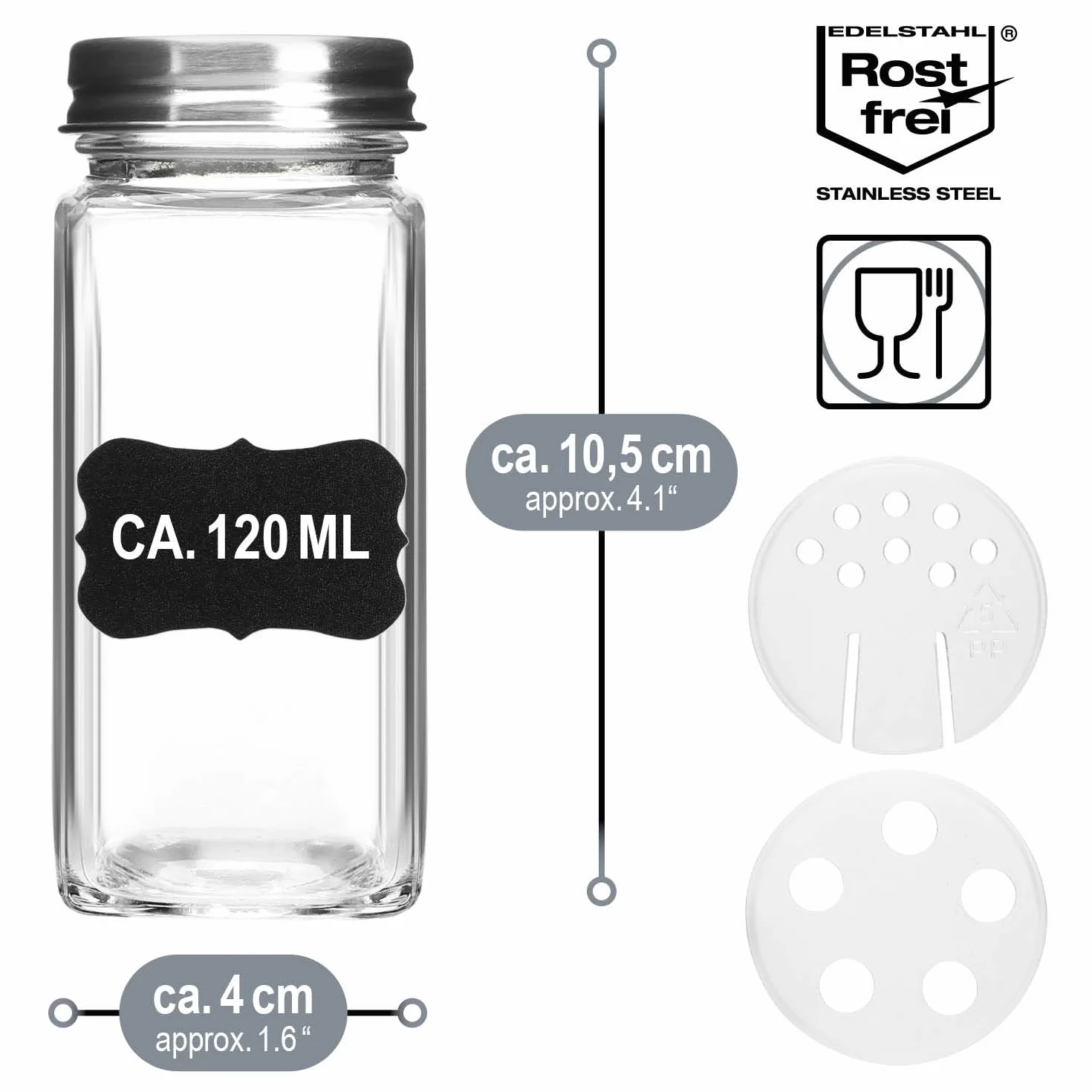 COM-FOUR® 24x sloiczki na przyprawy z akcesoriami - szklana kontrola przypraw 120 ml, nasadki do zraszania, pedzelek, lejek, etykiety, dlugopis (24 sztuki okularów z akcesoriami)