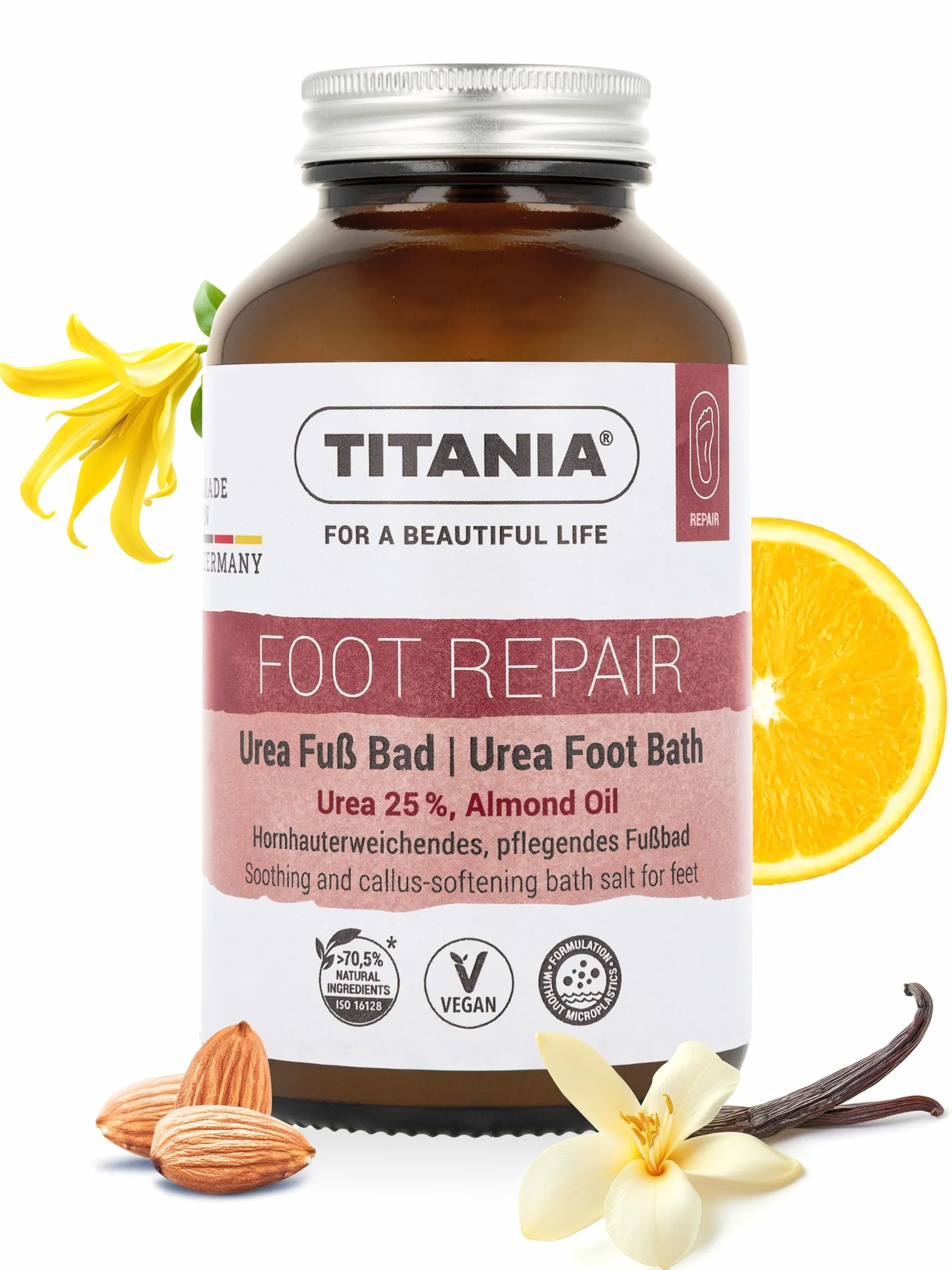 TITANIA Urea sól do kąpieli stóp 270g, zmiękcza zrogowaciały naskórek i pielęgnuje suche stopy, 25% mocznika i olejek migdałowy, wegańska, bez mikroplastiku, testowana dermatologicznie, Made in